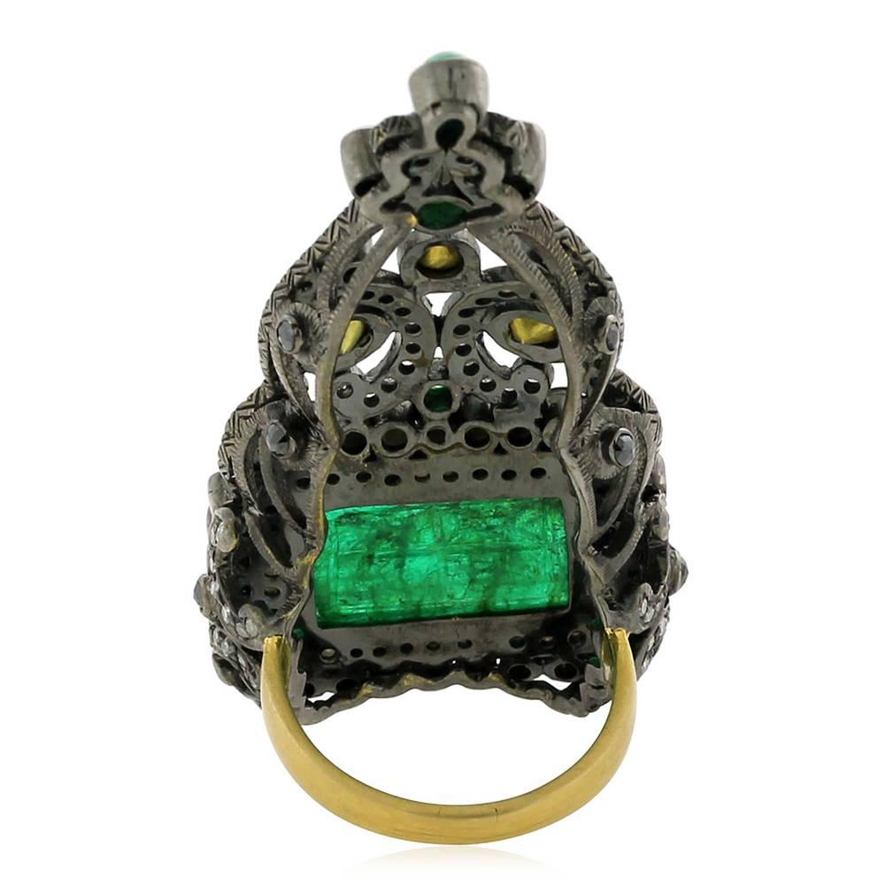 Artisan Antique Looking Carved Emerald Ring with Black and White Diamonds