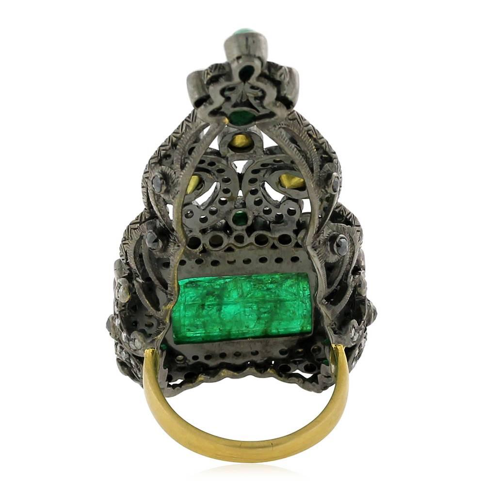 Artisan Antique Looking Carved Emerald Ring with Black and White Diamonds For Sale
