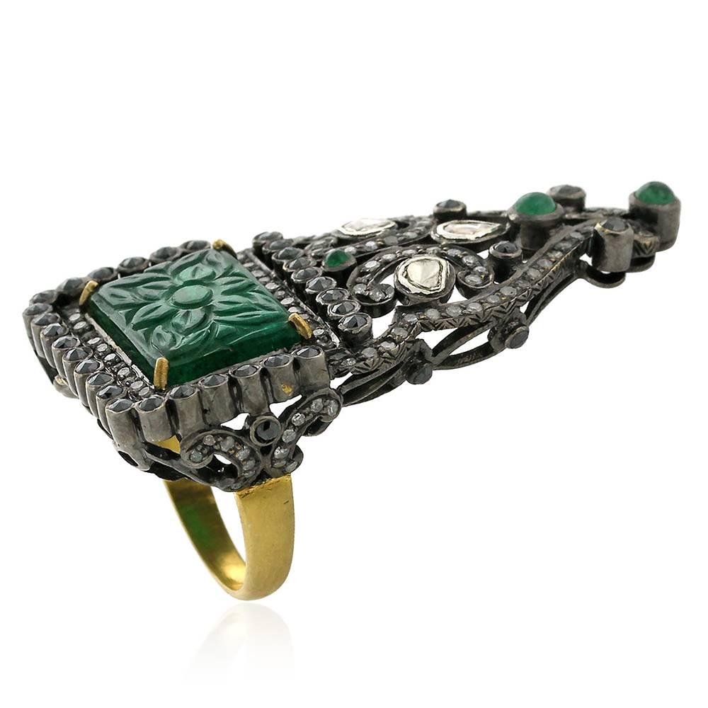 Emerald Cut Antique Looking Carved Emerald Ring with Black and White Diamonds For Sale