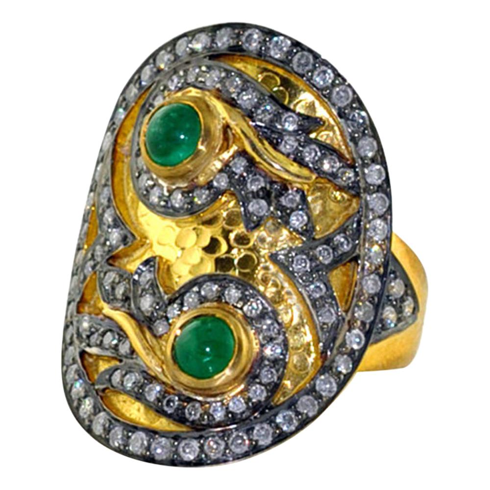 Antique Looking Designer Cocktail 14k Yellow Gold Ring with Diamonds and Emerald For Sale