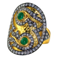 Antique Looking Designer Cocktail 14k Yellow Gold Ring with Diamonds and Emerald