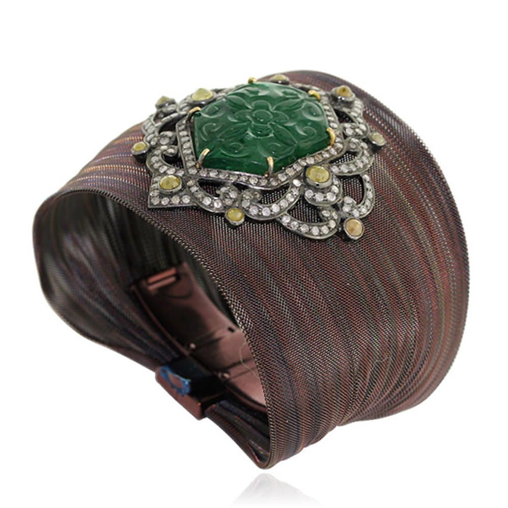Modern Antique looking Diamond and Emerald Motif Mesh Cuff Barcelet