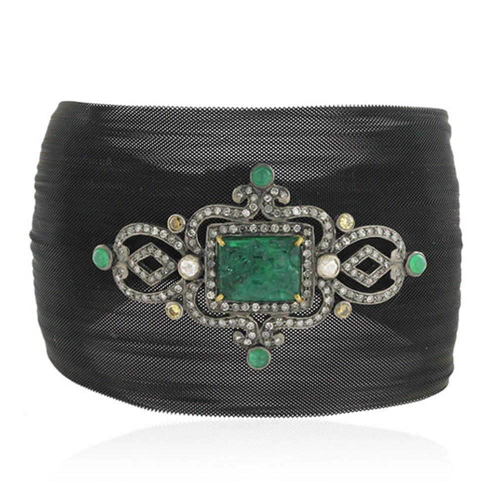 Modern Antique Looking Diamond and Emerald Motif on Black Mesh Cuff Bracelet