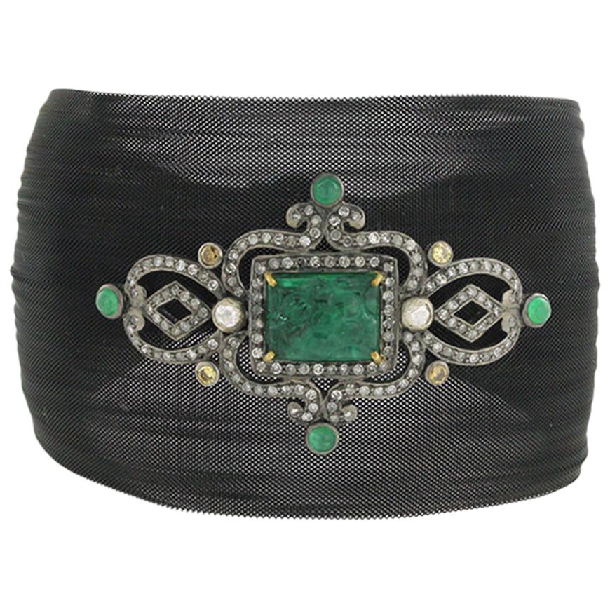 Antique Looking Diamond and Emerald Motif on Black Mesh Cuff Bracelet