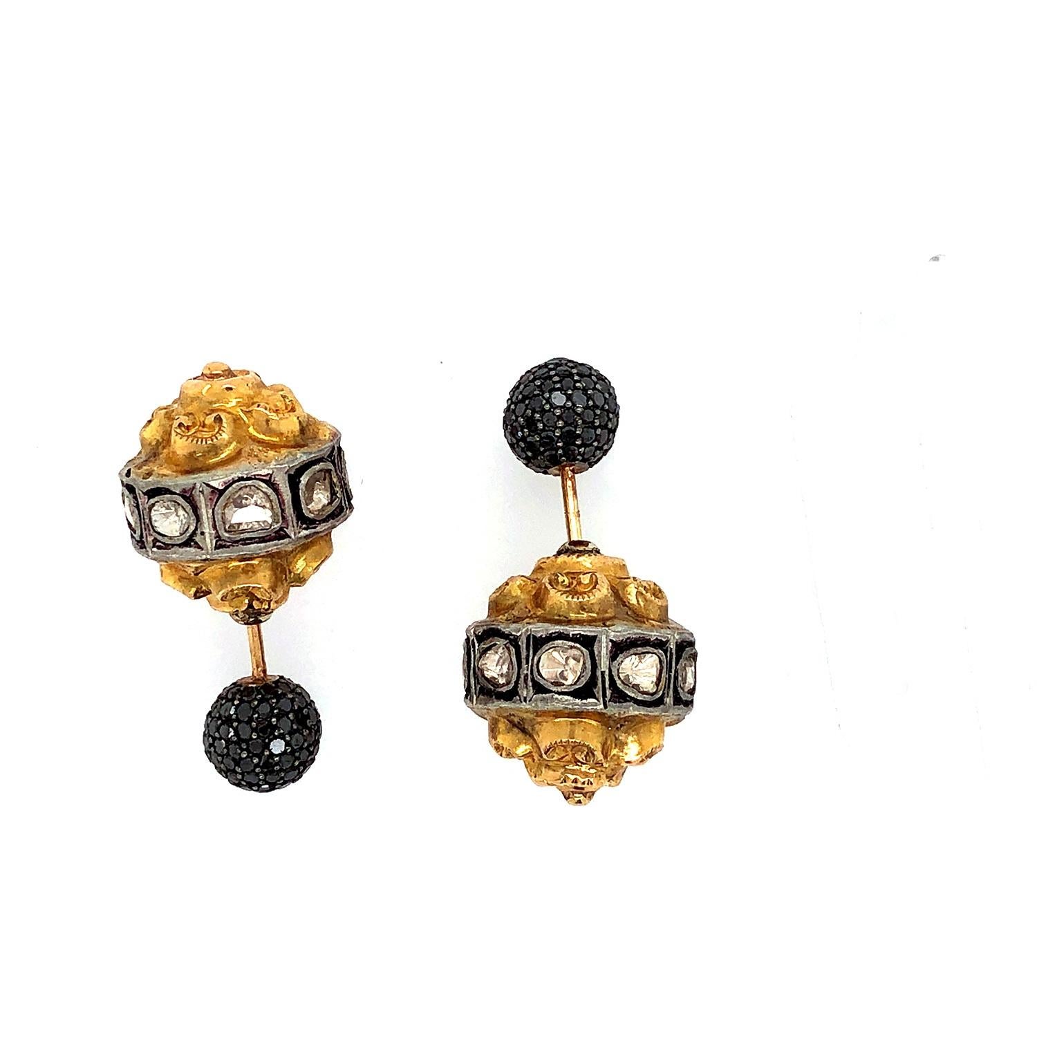 Artisan Antique Looking Double Sided Earrings With Diamonds Made In 14k Gold & Silver For Sale