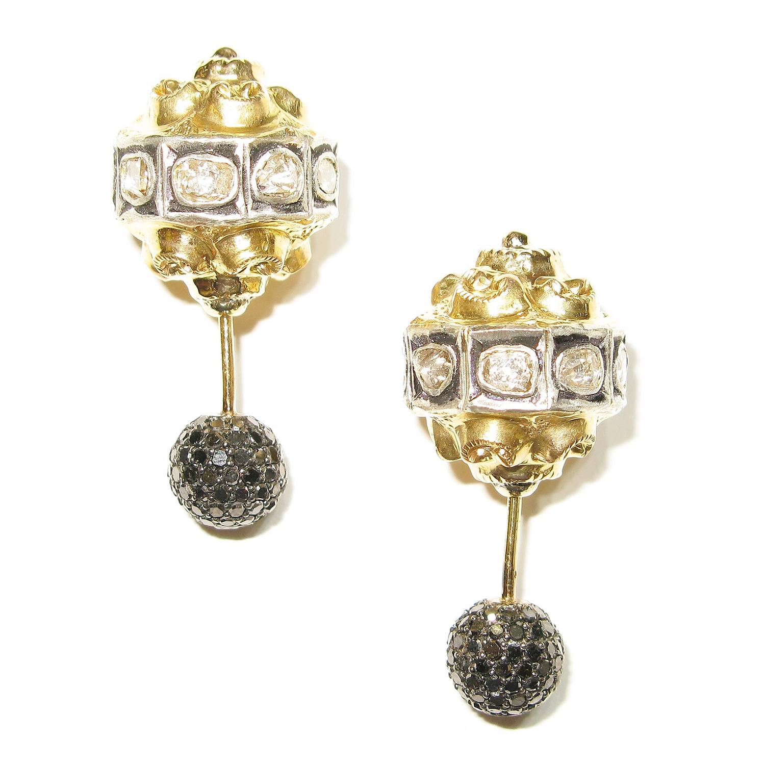 Mixed Cut Antique Looking Double Sided Earrings With Diamonds Made In 14k Gold & Silver For Sale