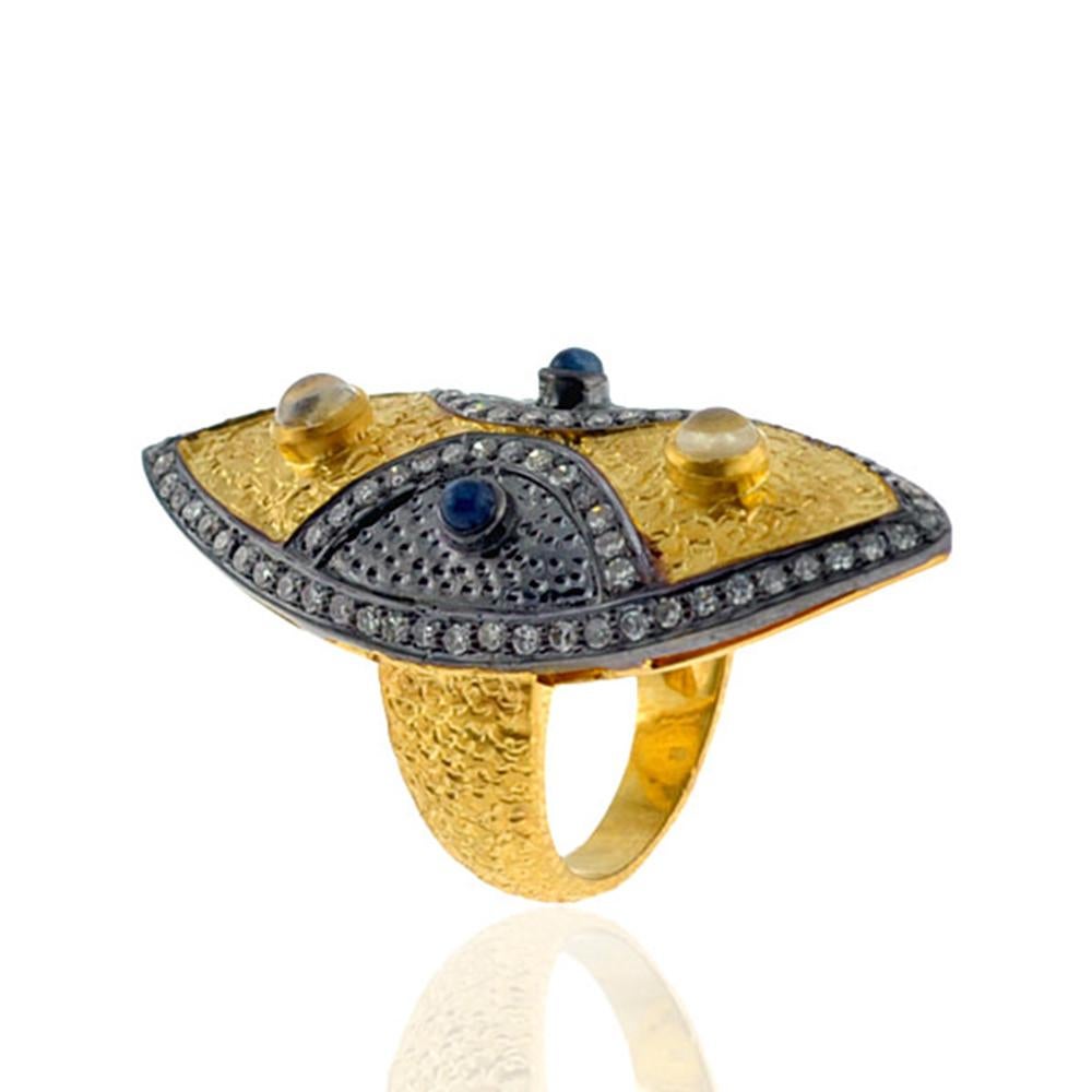 Artisan Antique Looking Evil Eye Ring with Diamond, Sapphire and Moonstone in 14K Gold