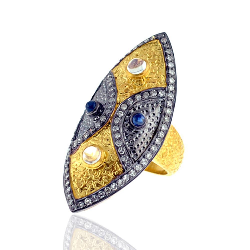 Mixed Cut Antique Looking Evil Eye Ring with Diamond, Sapphire and Moonstone in 14K Gold