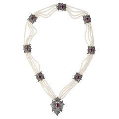 Antique Looking Pearl Necklace With Pave Diamond & Ruby Motif