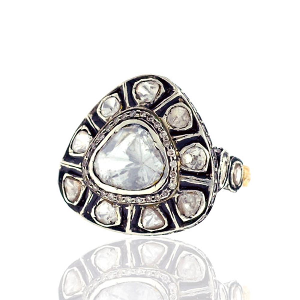 Romantic Antique Looking Trillion Shape Rose Cut Diamond Ring in Gold and Silver For Sale