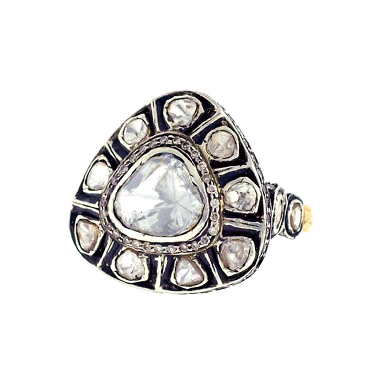 Antique Looking Trillion Shape Rose Cut Diamond Ring in Gold and Silver For Sale