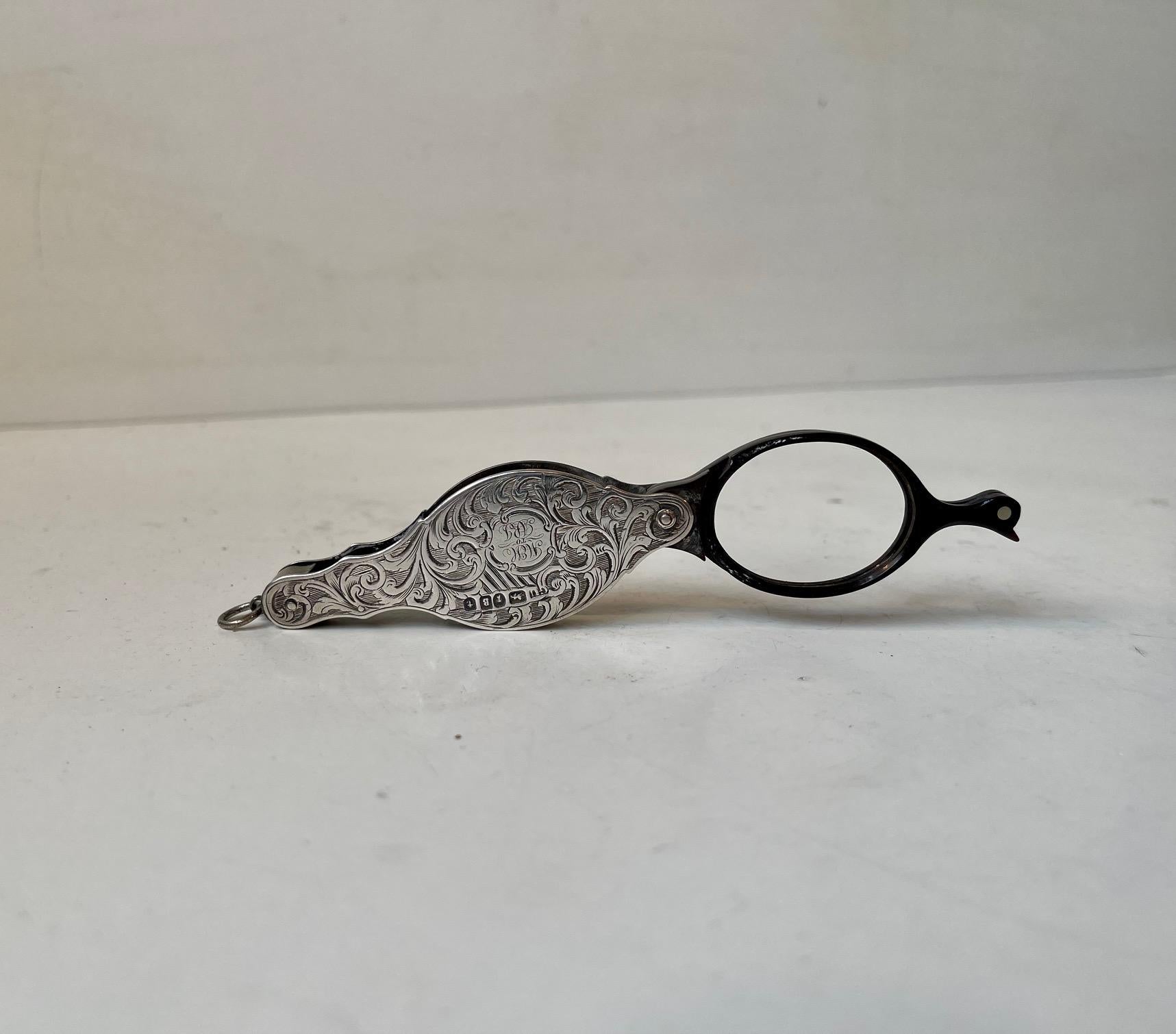 Victorian Antique Lorgnettes Pendant Spectacles in Silver by Georg Unite & Sons Birmingham For Sale