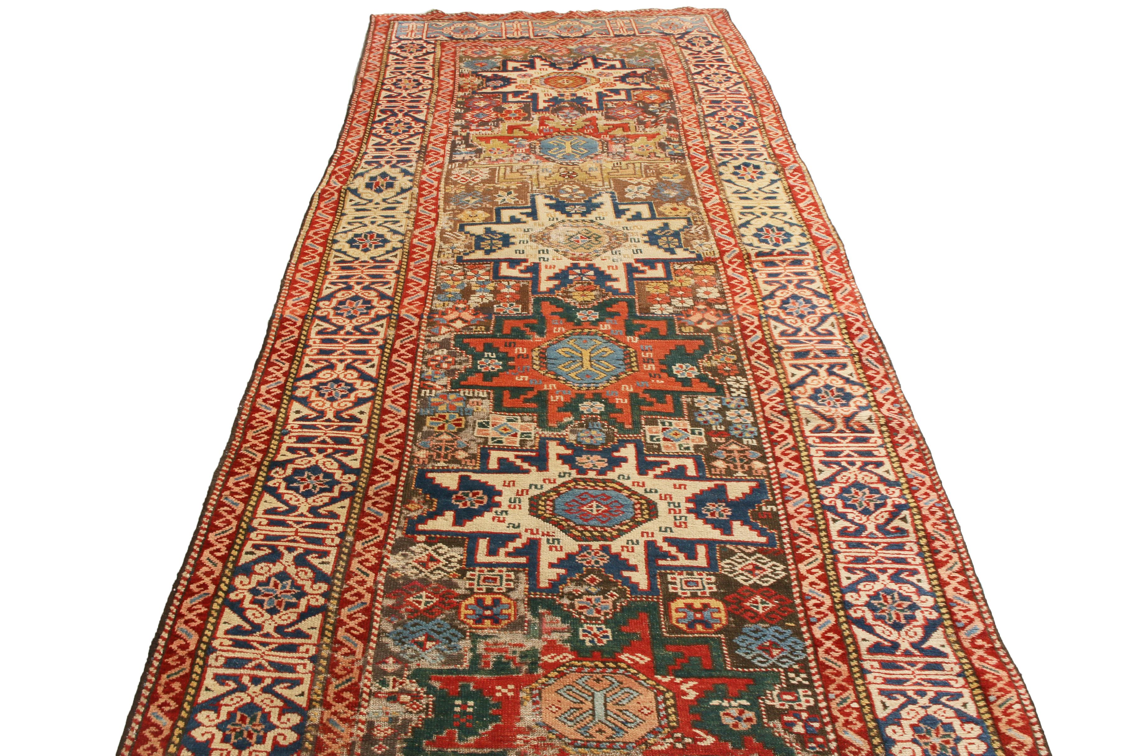 Originating from Russia in 1900, this antique geometric runner depicts a lightly distressed Lori design, complemented by a series of eight-pointed star, hook, and quarter-diamond Gul motifs. Hand knotted in high quality wool, the mirrored hooking