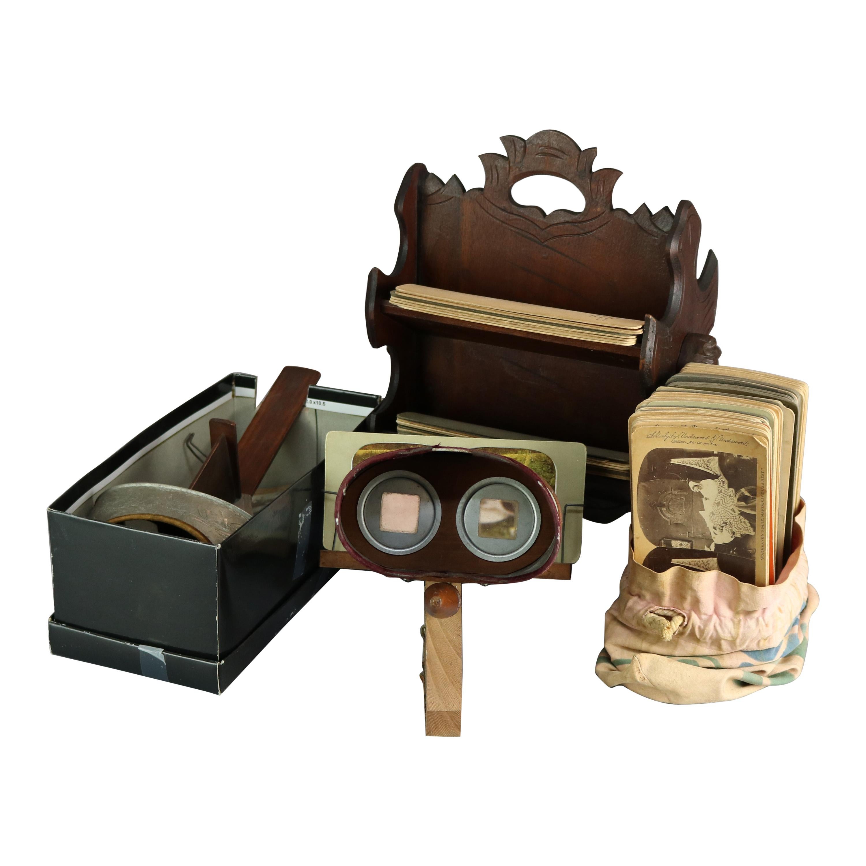 Antique Lot of Victorian Stereo Viewers, Cards & Walnut Card Stand, Circa 1890