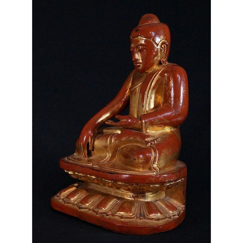 Material: wood
48,5 cm high 
35 cm wide
Weight: 9.4 kgs
Gilded with 24 krt. gold
Bhumisparsha mudra
Originating from Burma
19th century
In Burma, this Buddha is also being called Dakhina Sakkha Buddha
A very special piece in exceptional