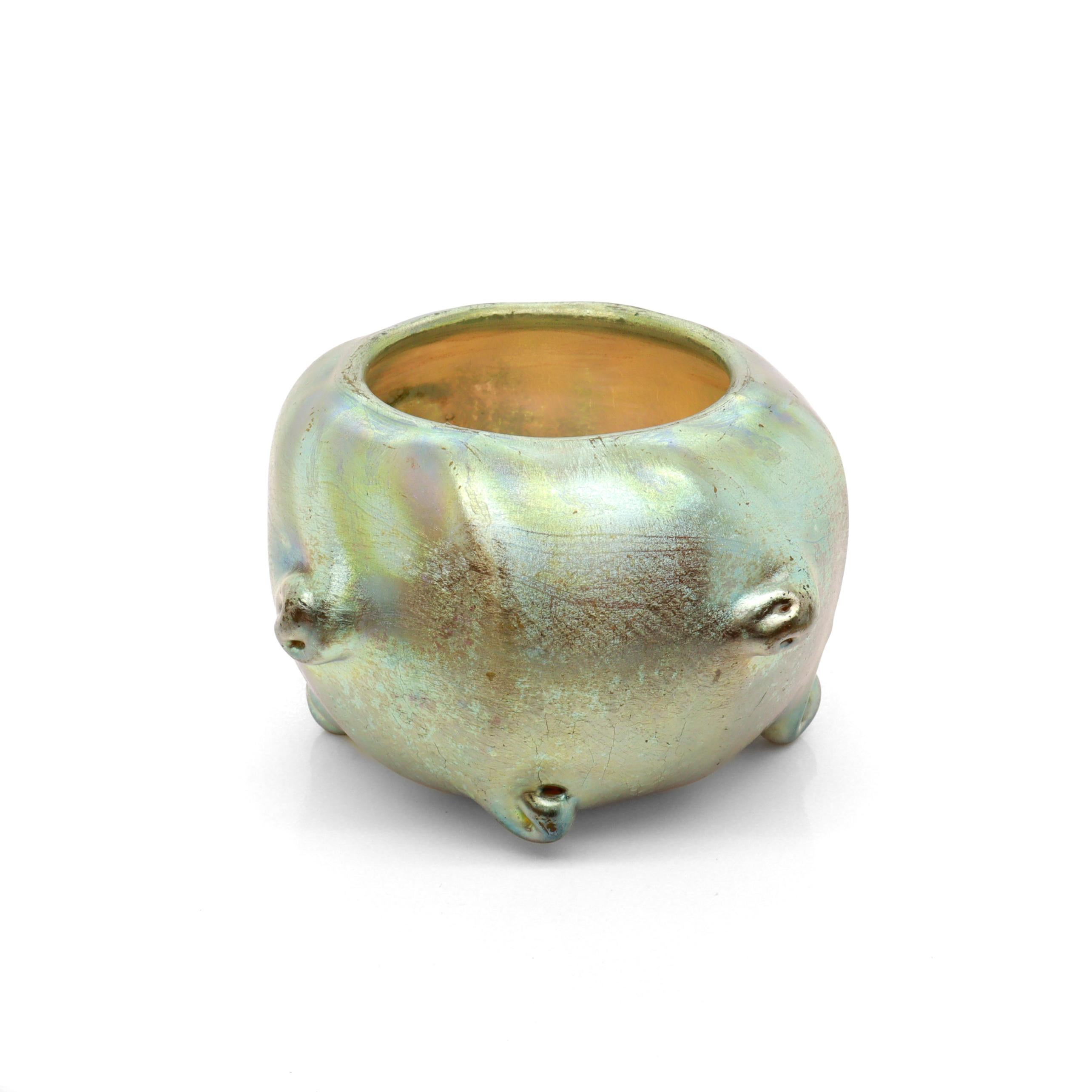 Art Nouveau Antique Louis Comfort Tiffany Favrile Glass Salt Cellar / Miniature Cabinet Vase For Sale