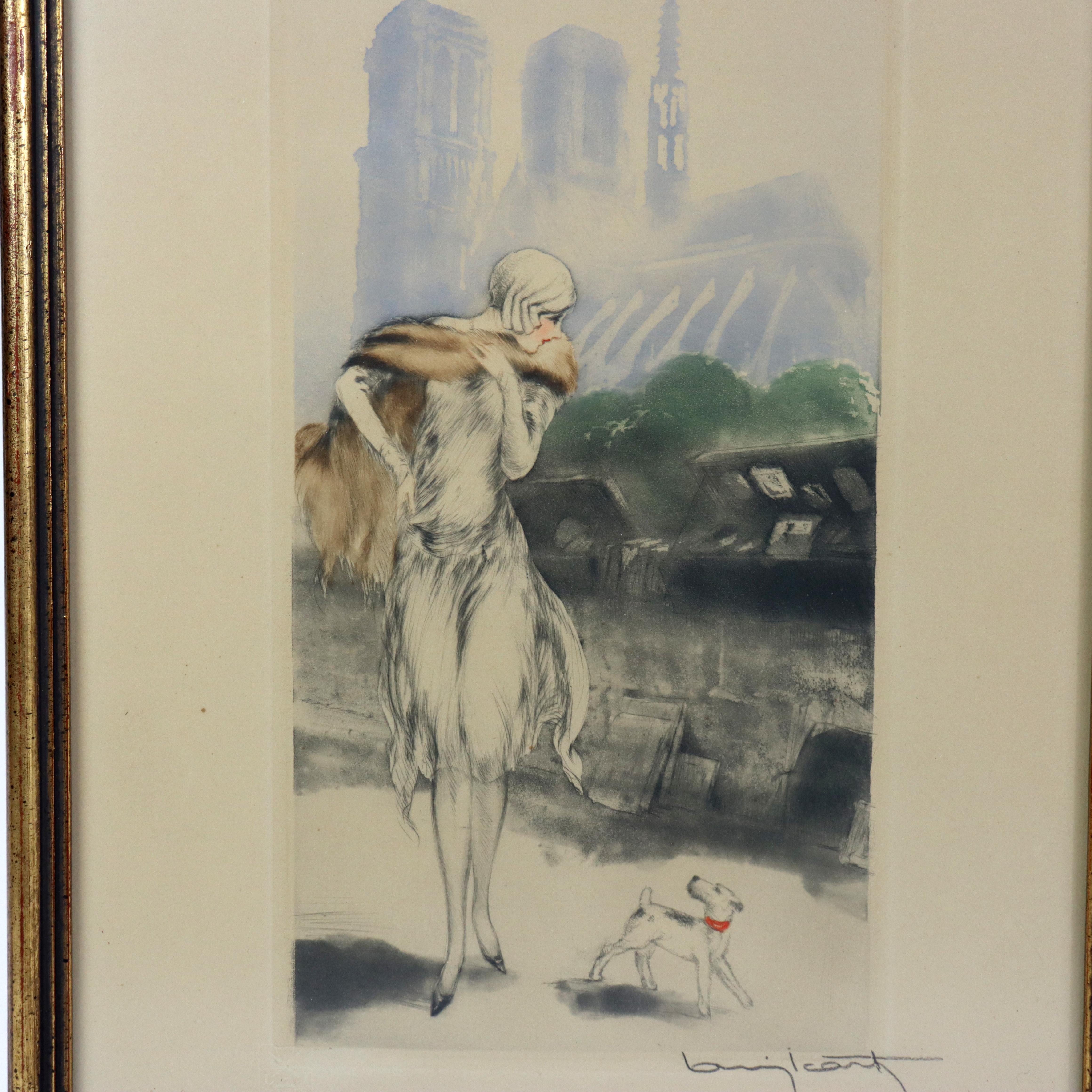 Antique Louis Icart Colored Etching “On The Quay” Signed & Windmill Seal C1929.   (18