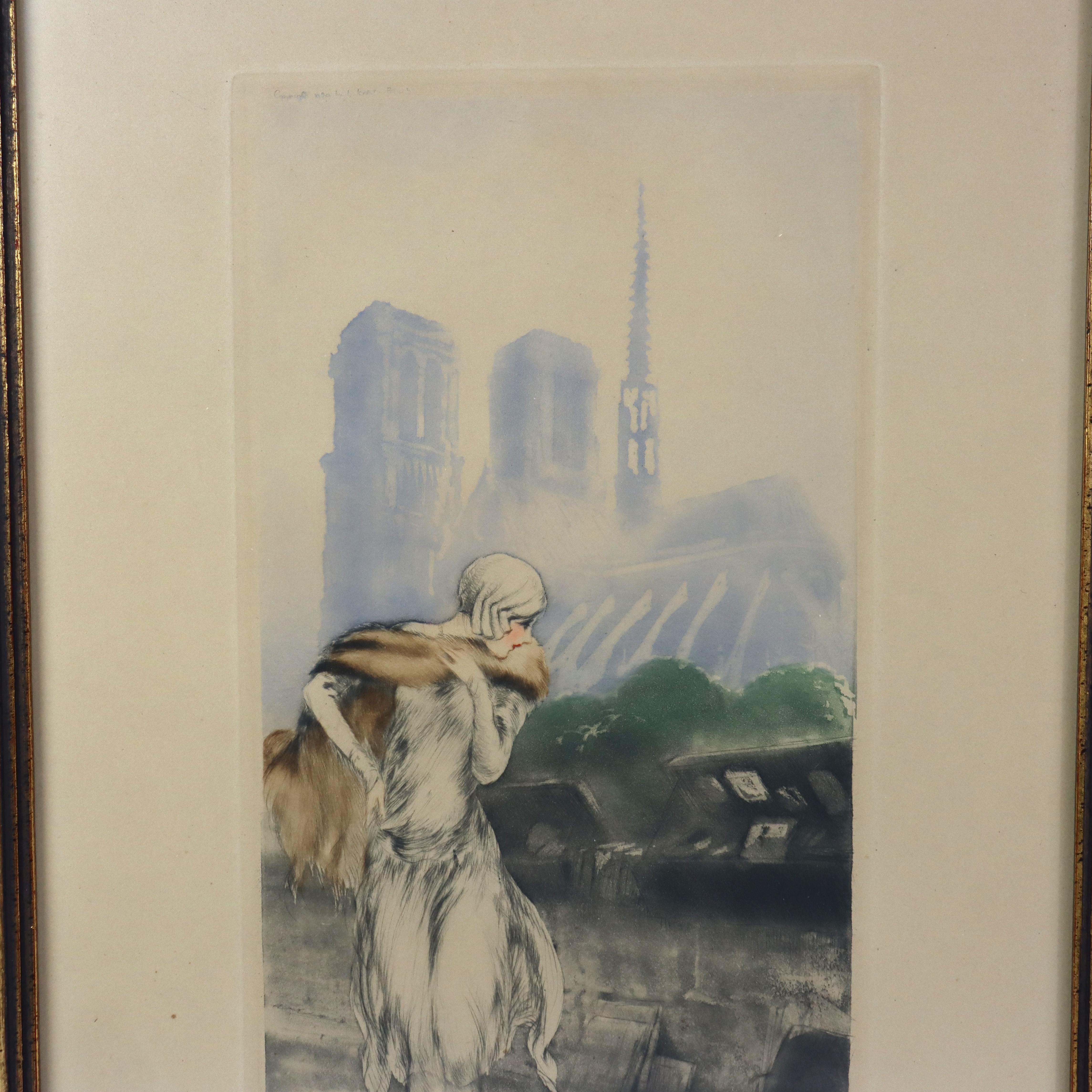 20th Century Antique Louis Icart Colored Etching “On The Quay” Signed & Windmill Seal C1929 For Sale