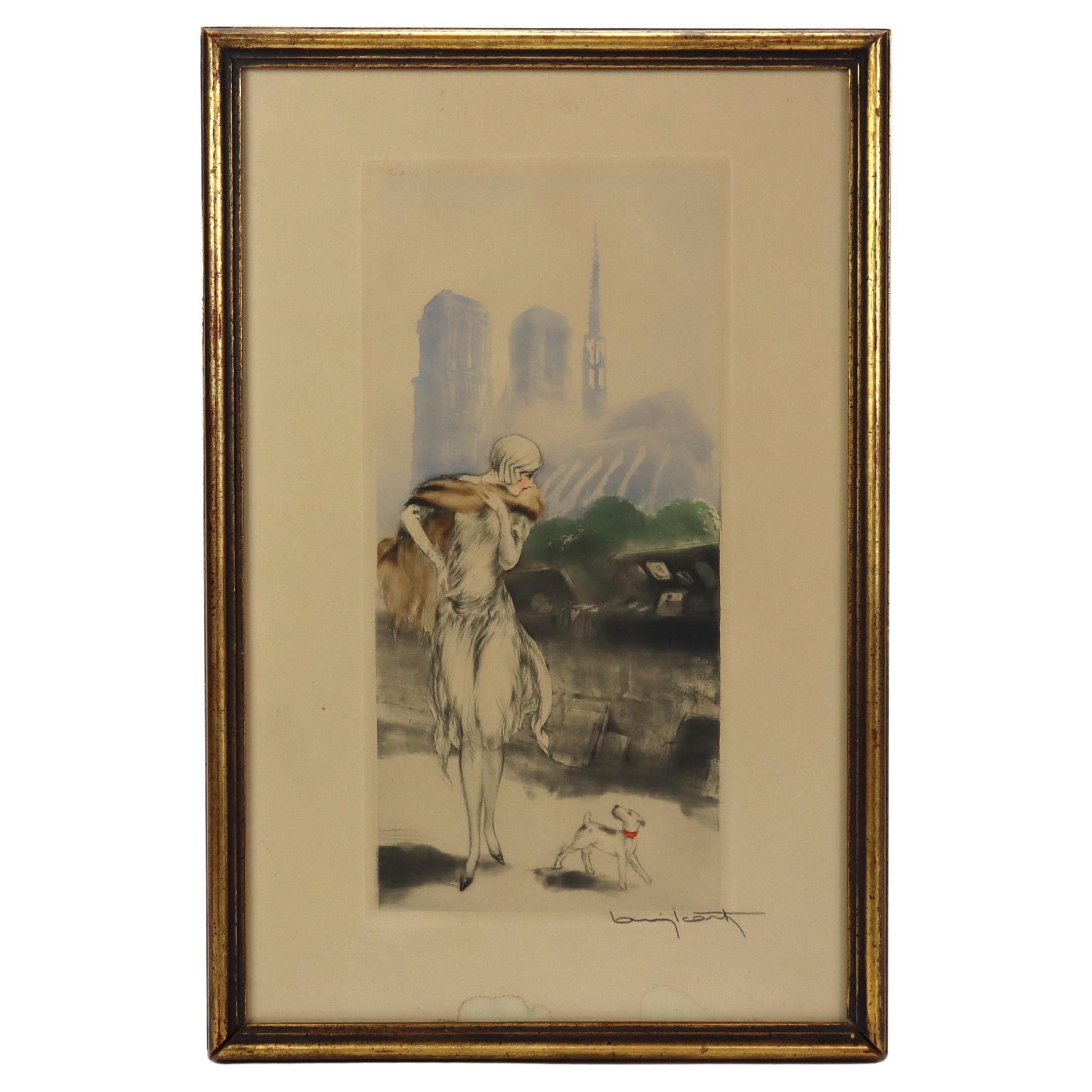 Antique Louis Icart Colored Etching “On The Quay” Signed & Windmill Seal C1929