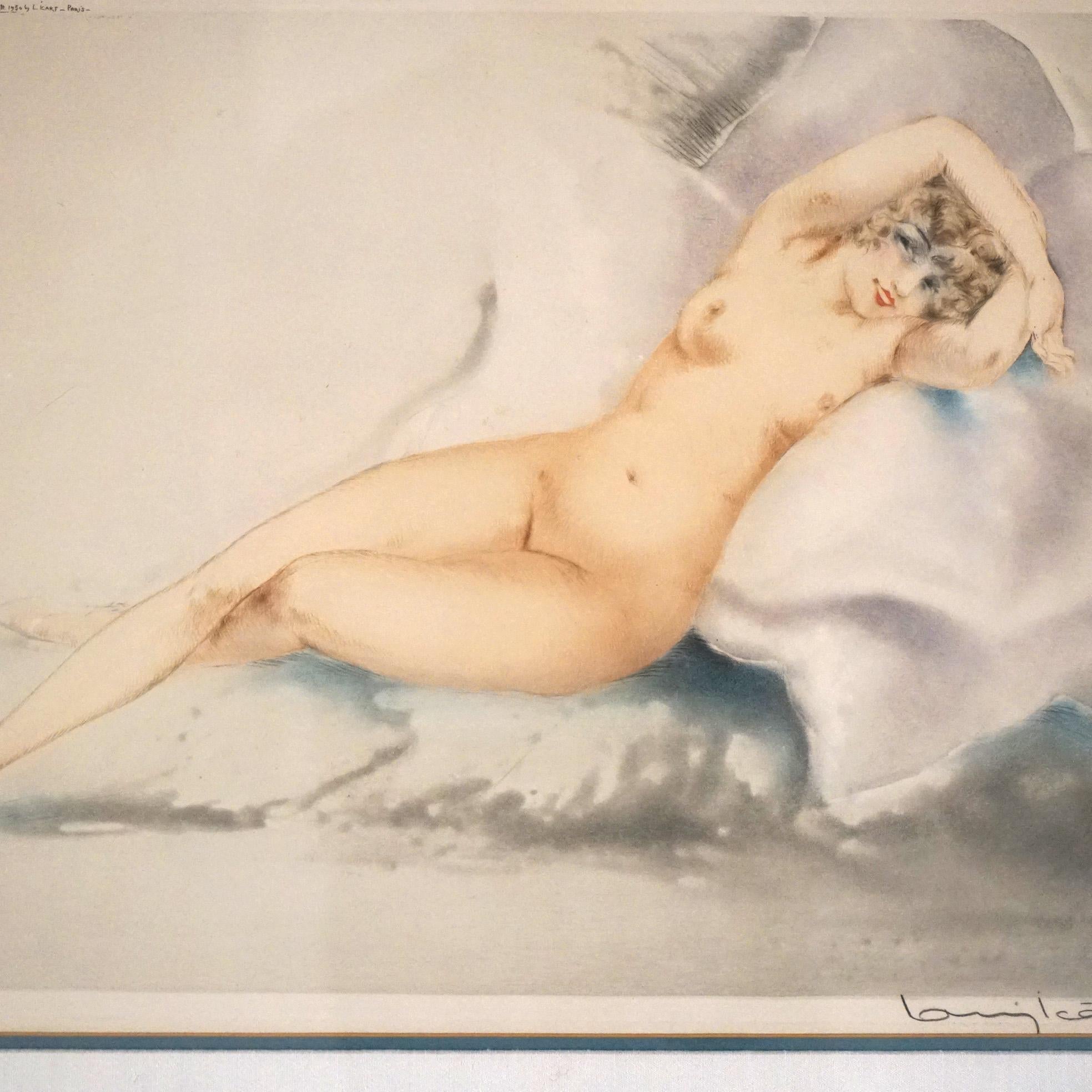 Art Deco Louis Icart Etching of Reclining Nude Woman, Framed and Signed Lower Right, C1920.

Measures - 22.75