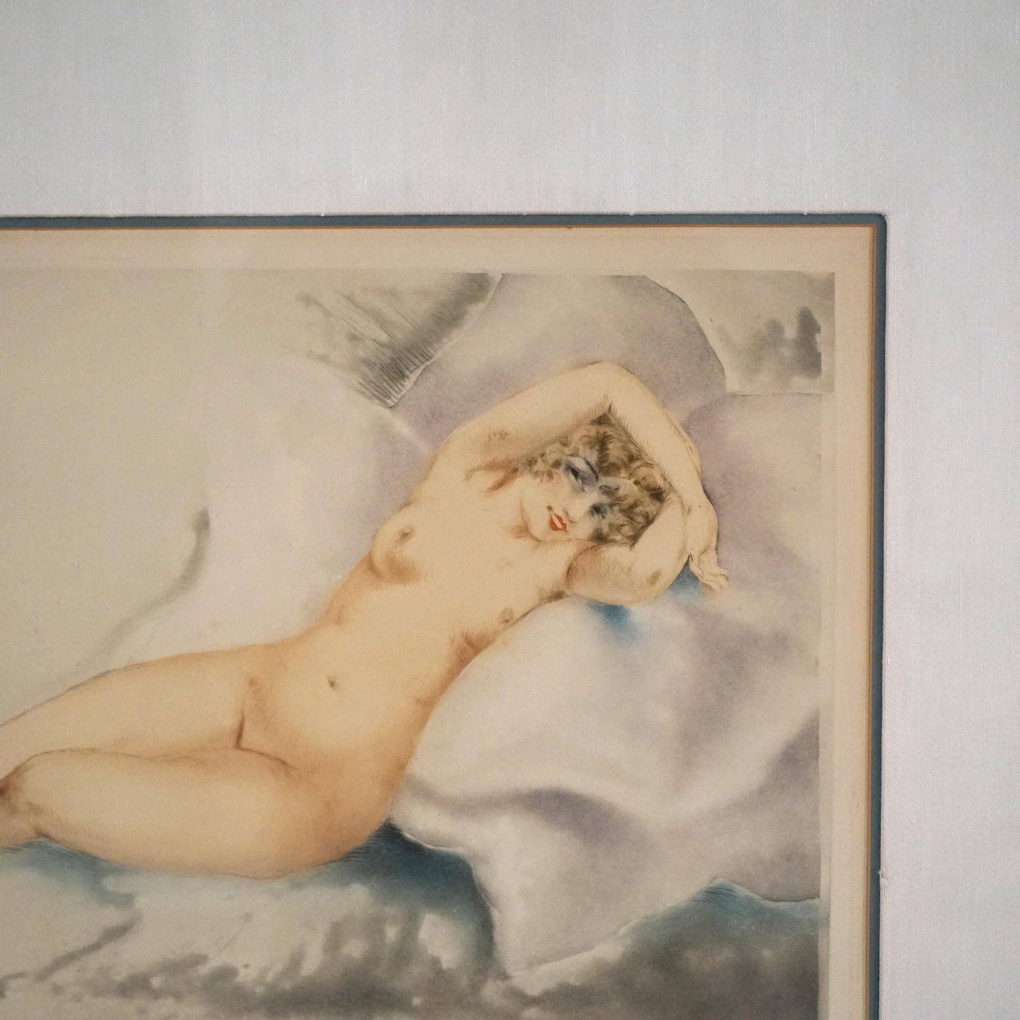 Antique Louis Icart Etching Of Reclining Nude Woman Signed C1920 In Good Condition For Sale In Big Flats, NY