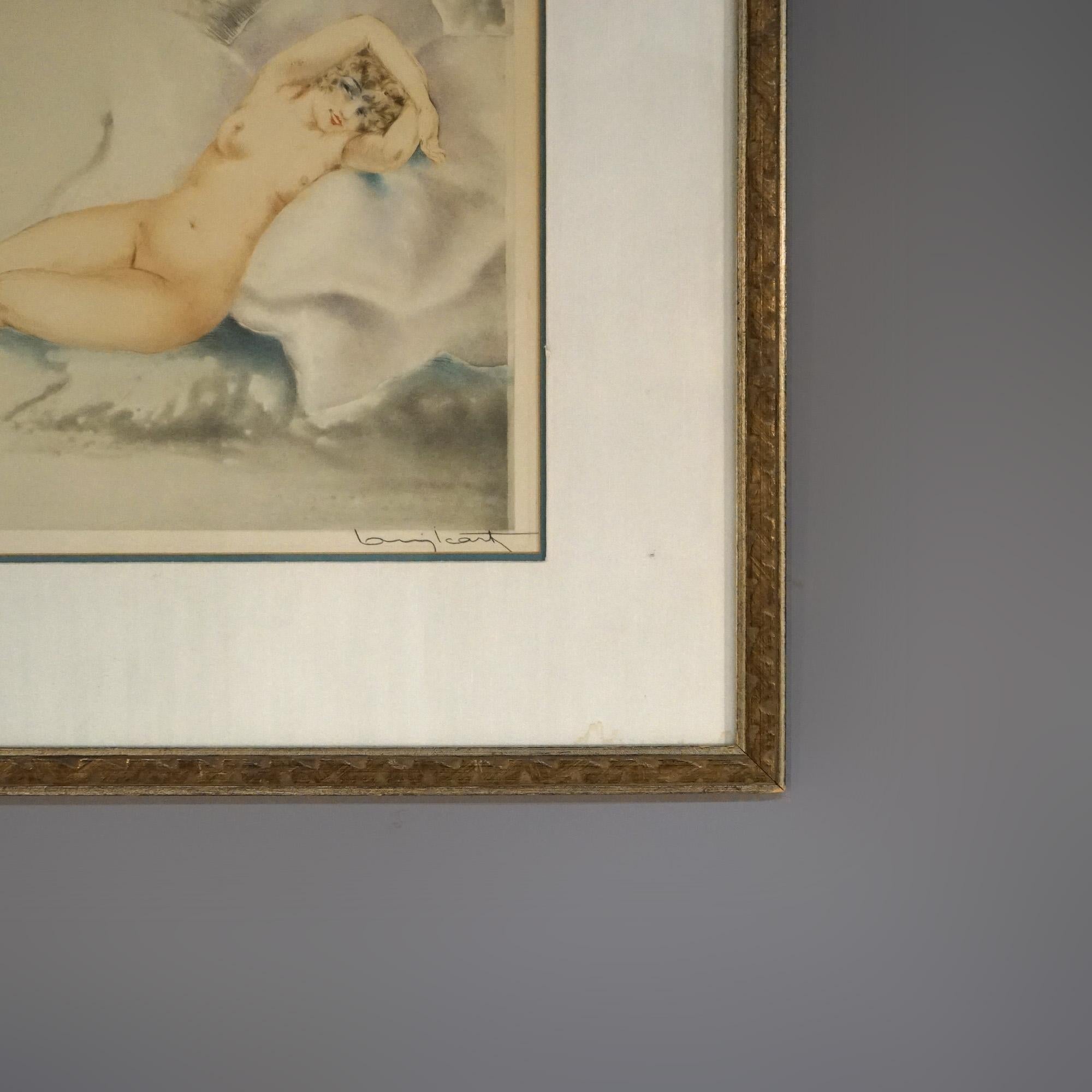 20th Century Antique Louis Icart Etching Of Reclining Nude Woman Signed C1920 For Sale