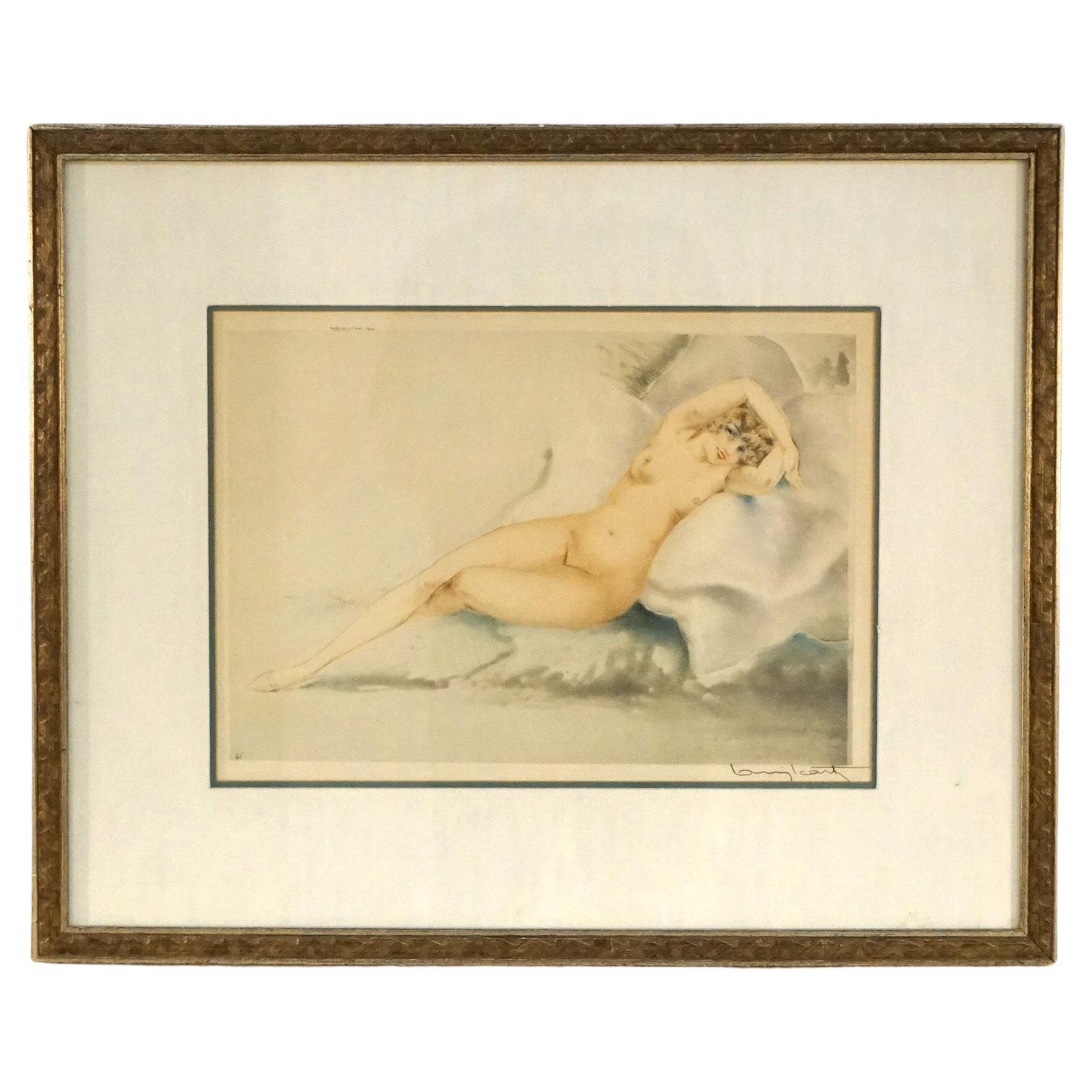 Antique Louis Icart Etching Of Reclining Nude Woman Signed C1920