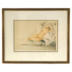 Antique Louis Icart Etching Of Reclining Nude Woman Signed C1920