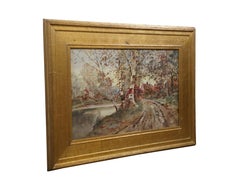 Antique Louis Kinney Harlow Autumn Landscape Watercolor Painting 30"