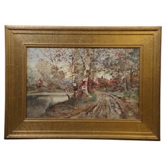 Antique Louis Kinney Harlow Autumn Landscape Watercolor Painting 30"