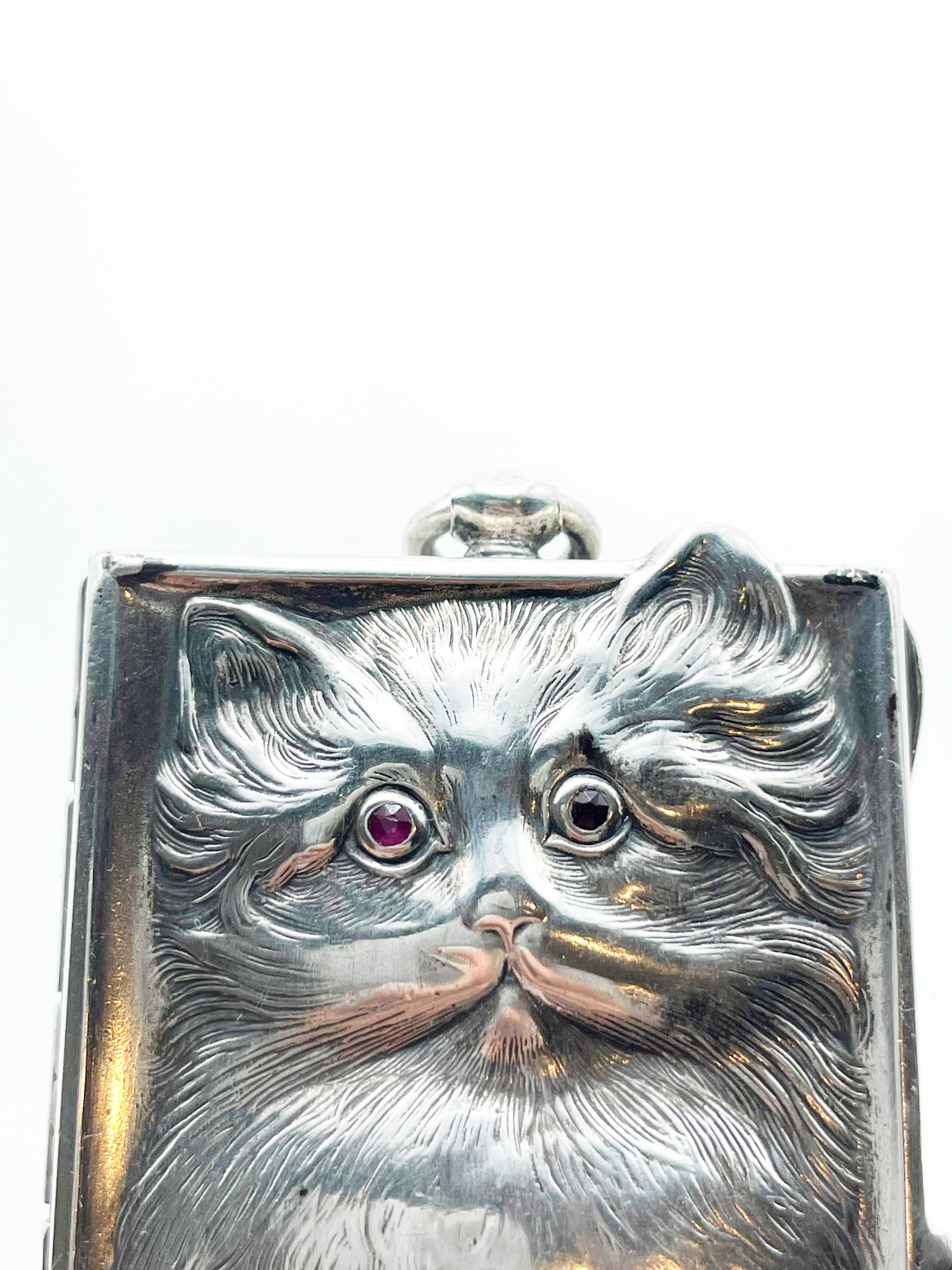 Antique miroir compact Louis Kuppenheim Silver Cat Kitten en vente 3