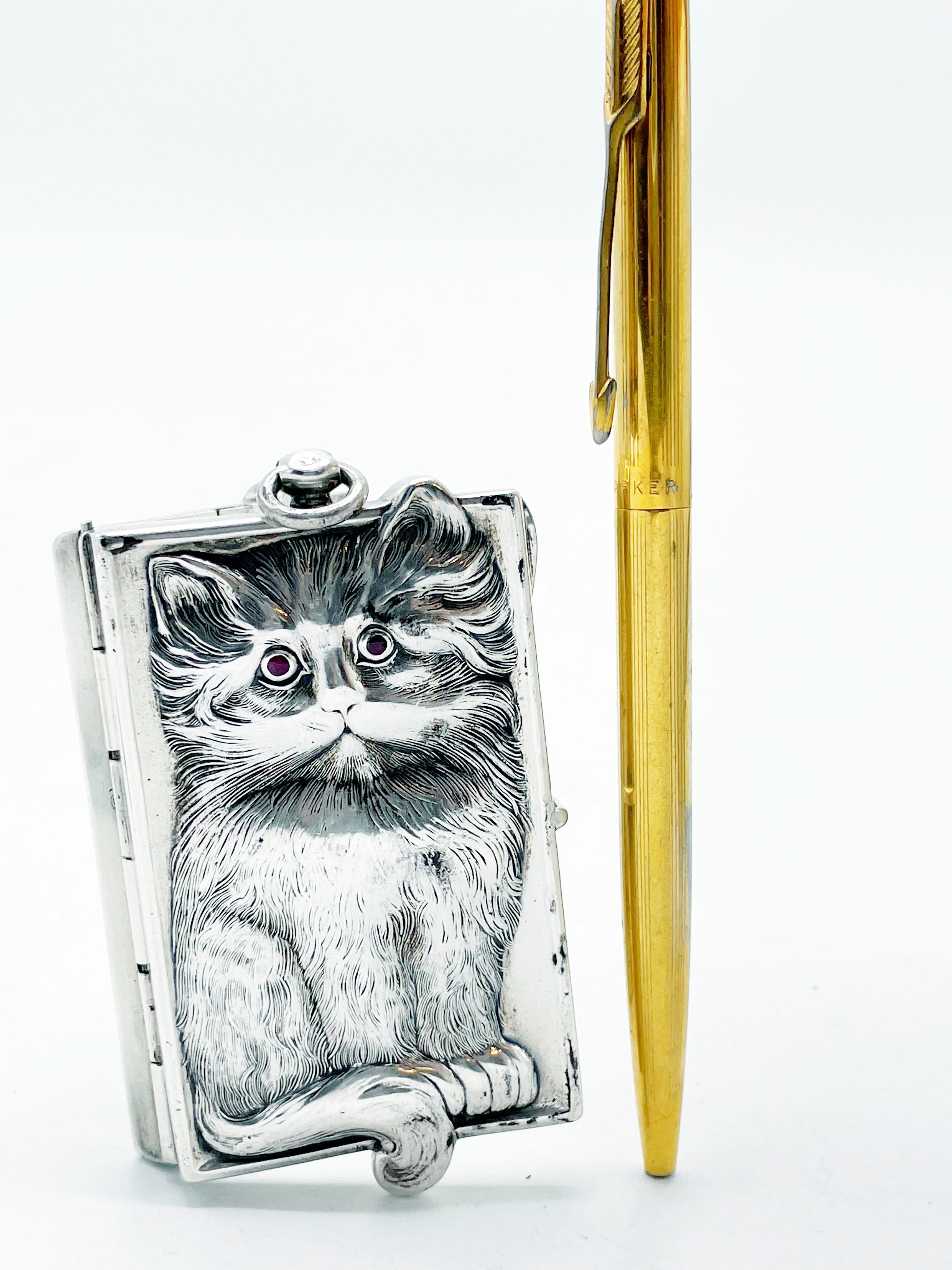 Antique Louis Kuppenheim Silver Cat Kitten Compact Mirror For Sale 5