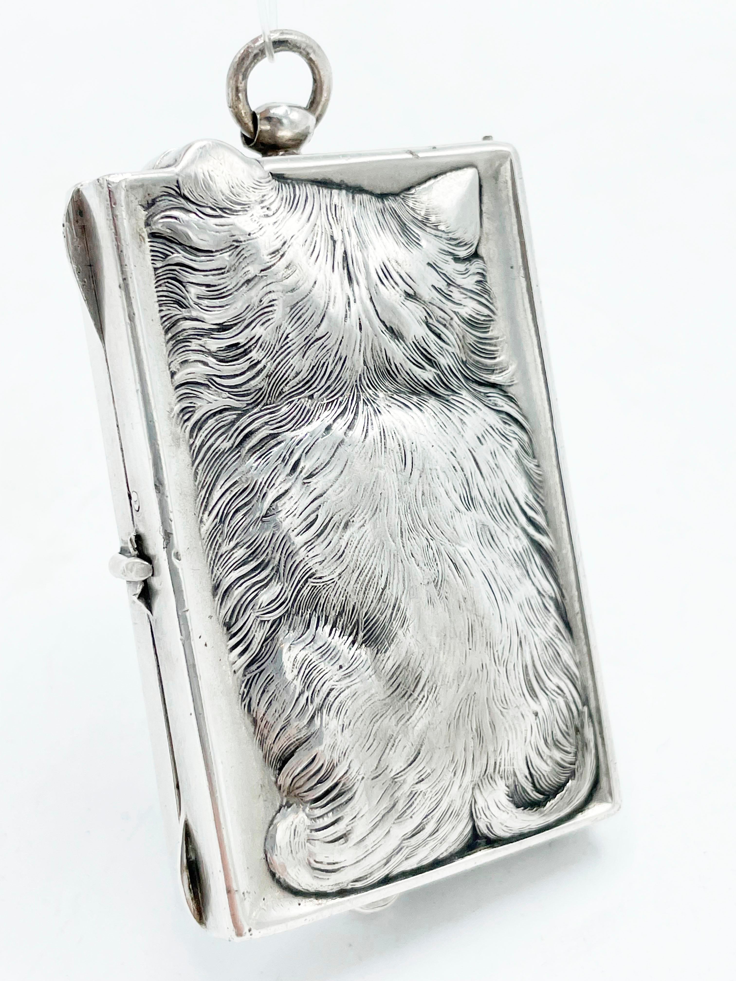 Autre Antique miroir compact Louis Kuppenheim Silver Cat Kitten en vente