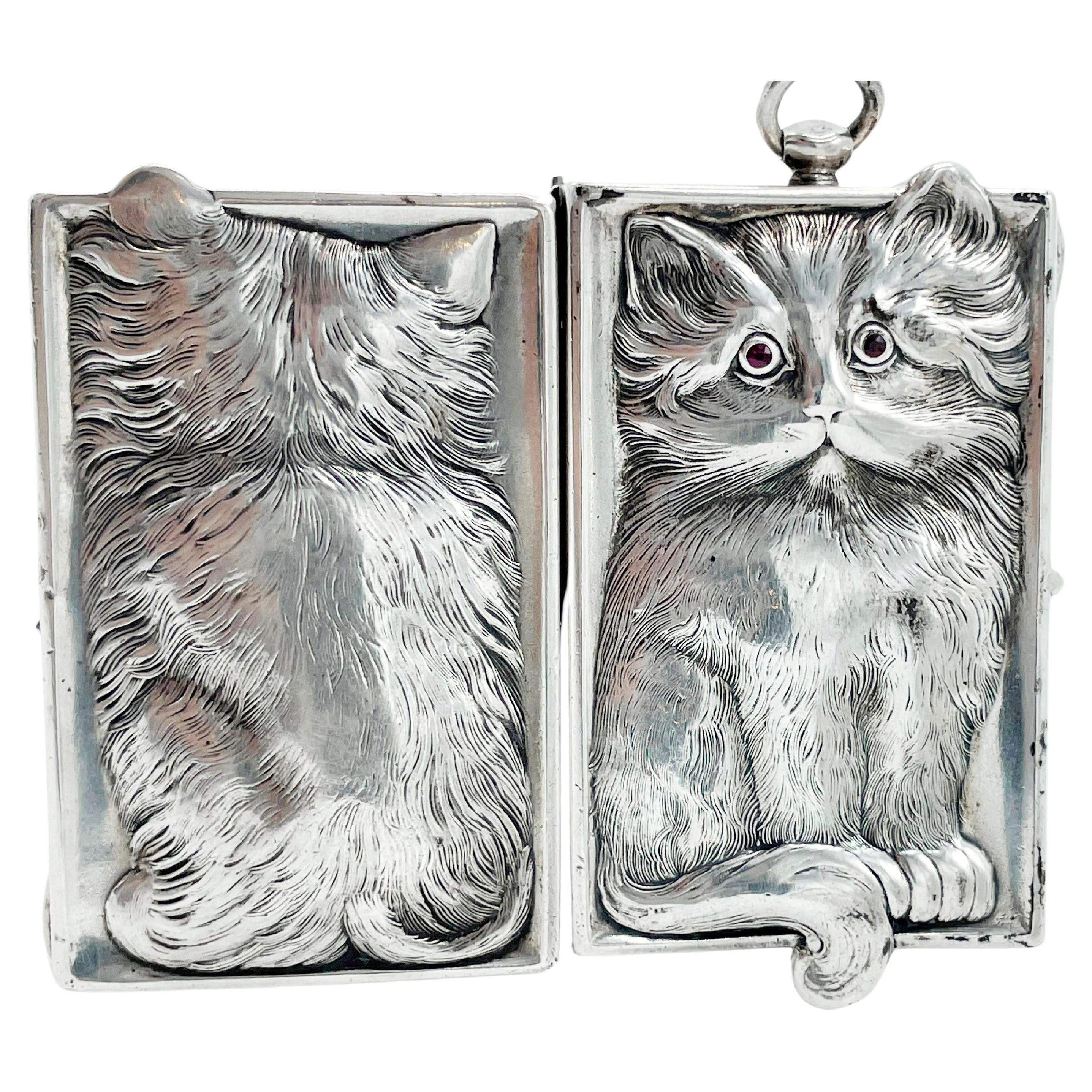 Antique miroir compact Louis Kuppenheim Silver Cat Kitten