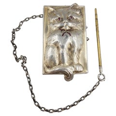 Antique Louis Kuppenheim Silver Kitten Vanity Compact with Rubies