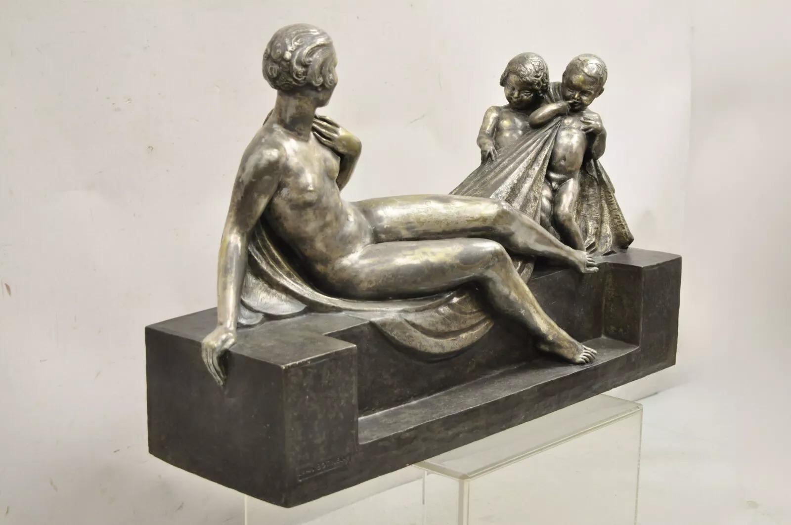 Large Antique Louis Marcel Botinelly French Art Deco Silvered Bronze Sculpture 