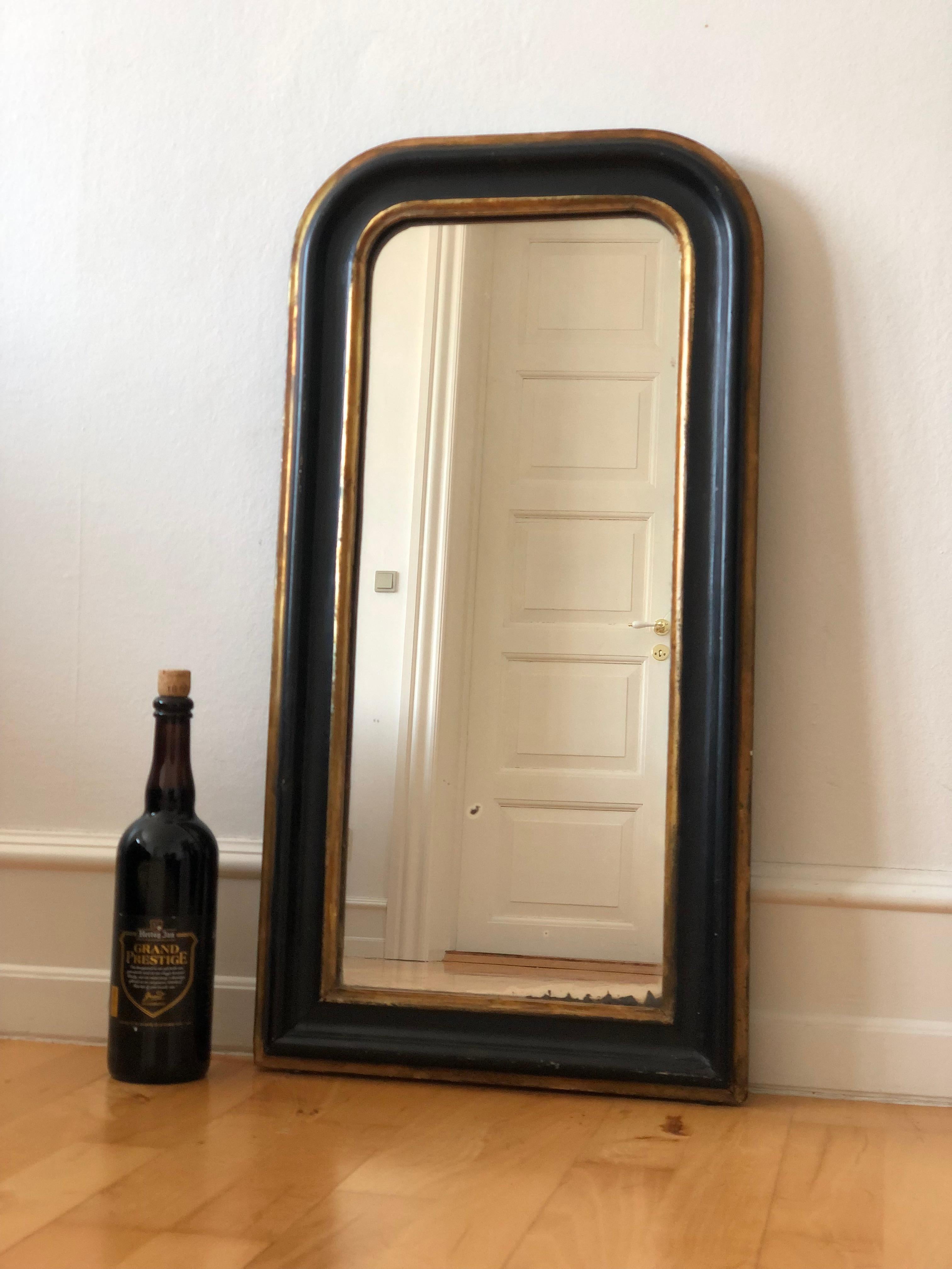 Antique Louis Philippe French Full Length Mirror in Schwarz und Gold, 19. Jahrhundert (Vergoldet) im Angebot