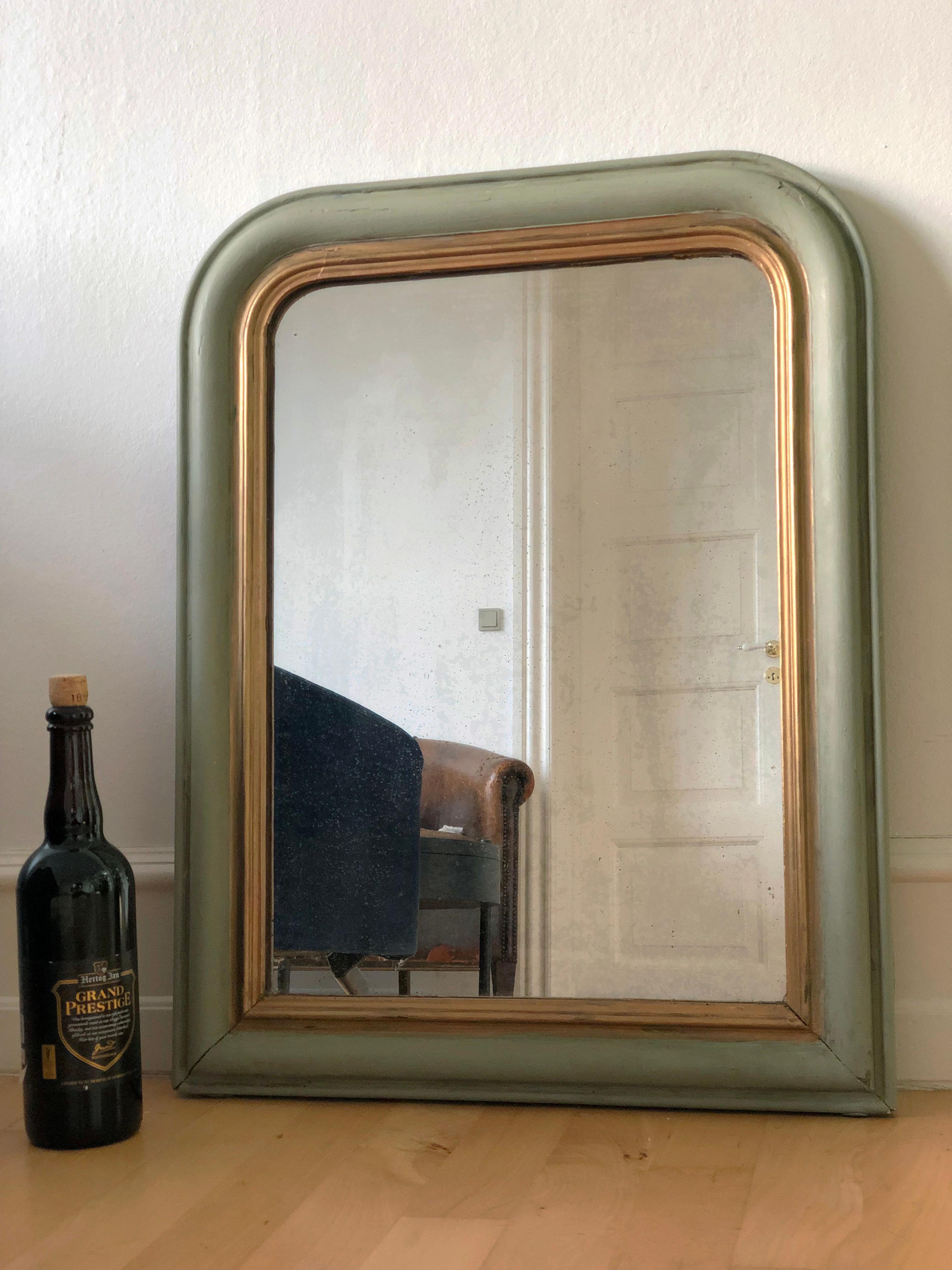 Antique Louis Philippe French Mirror in Green and Gold, Finales S. XIX en Bueno estado para la venta en Sakskøbing, DK