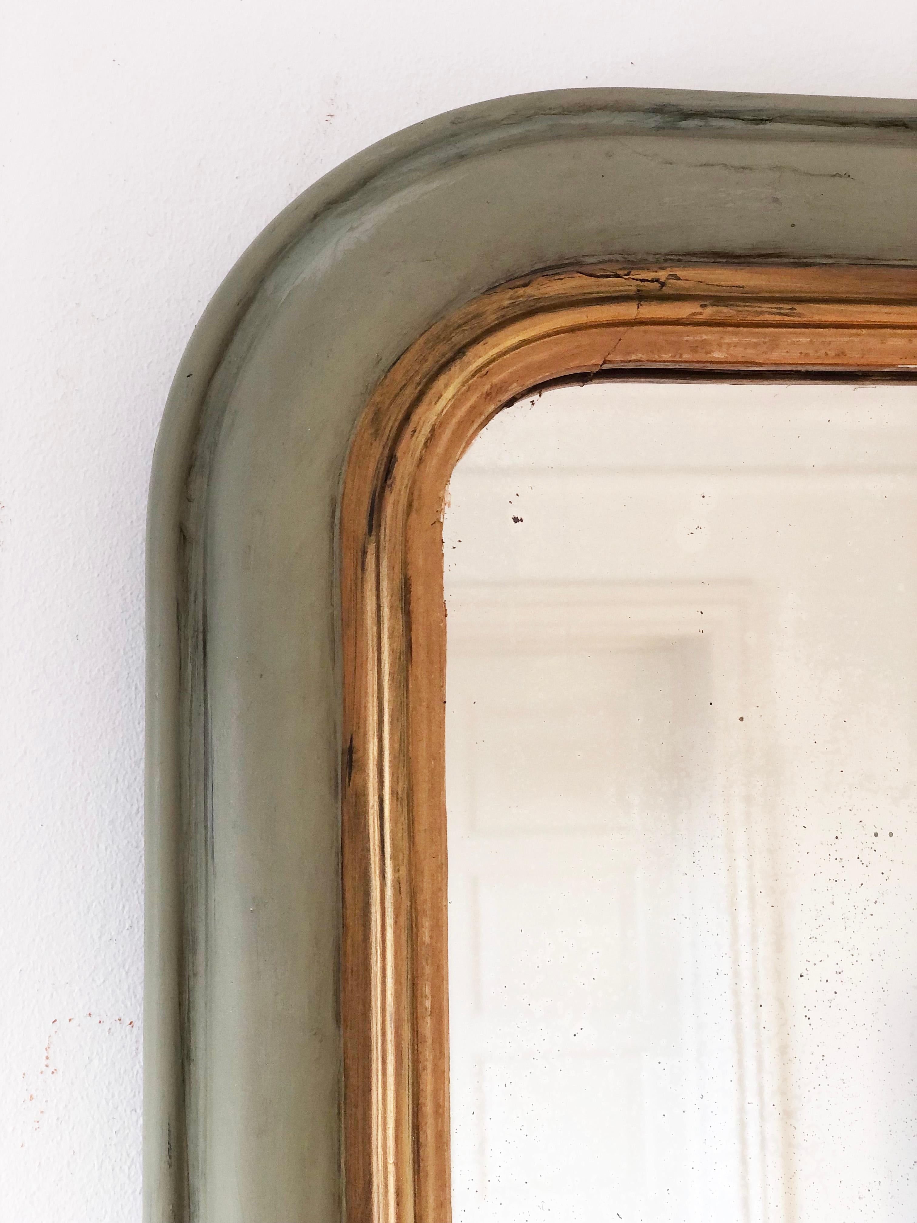 Antique Louis Philippe French Mirror in Green and Gold, Finales S. XIX Espejo en venta