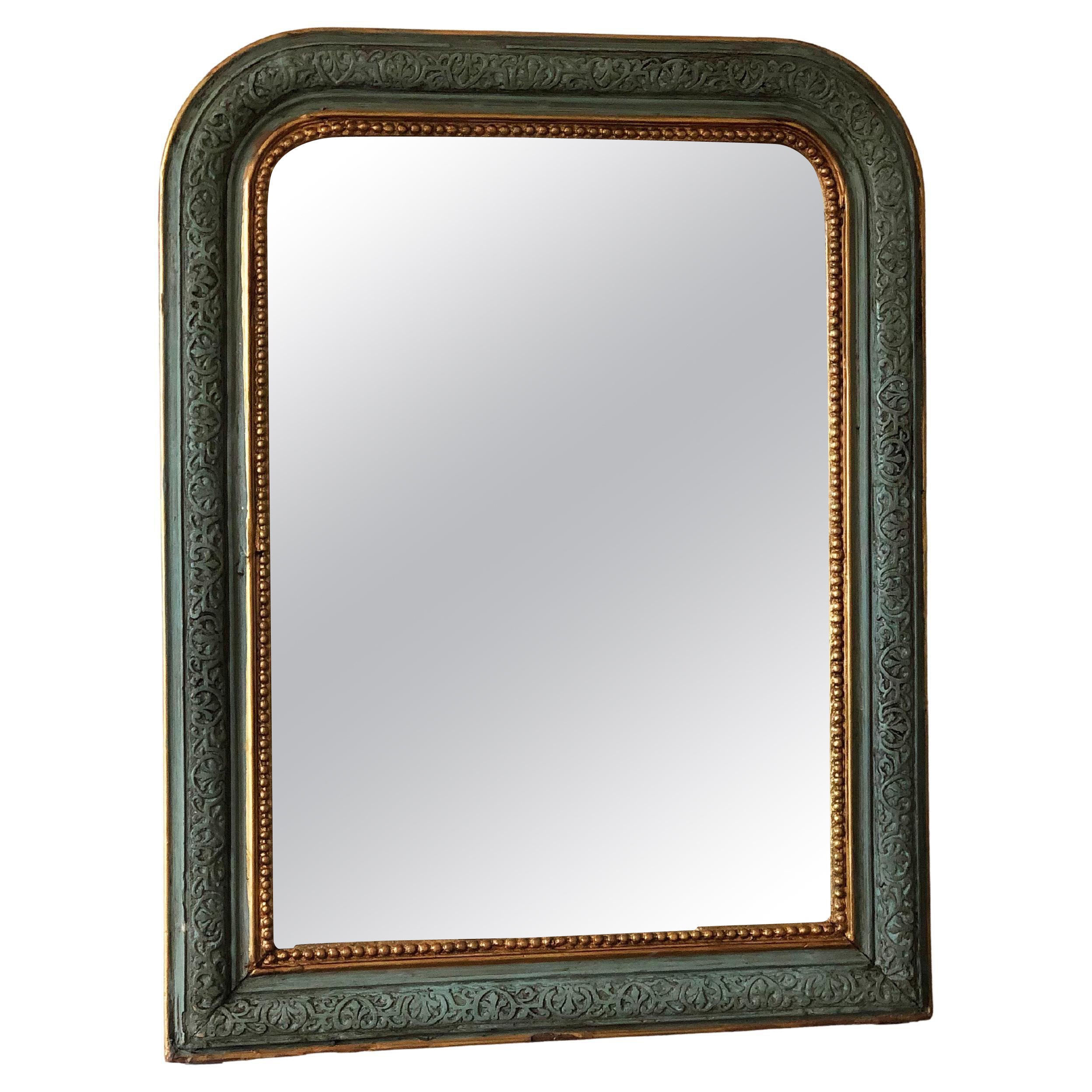 Antique Louis Philippe French Mirror in Green and Gold, Late 19th Century