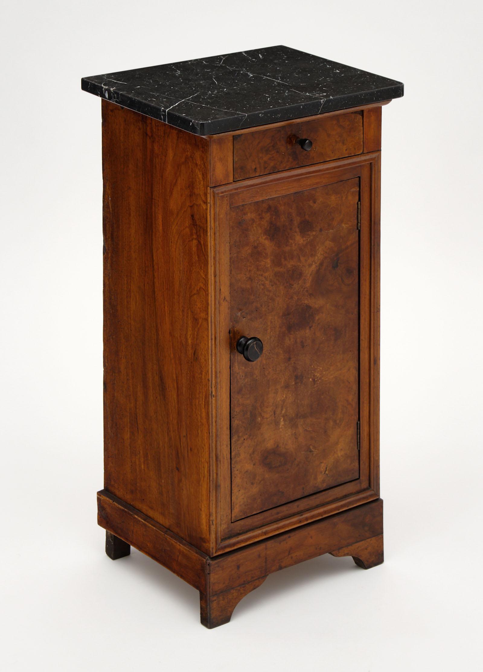 Louis Philippe period antique side table made of solid walnut and featuring a beautiful dark gray marble top.