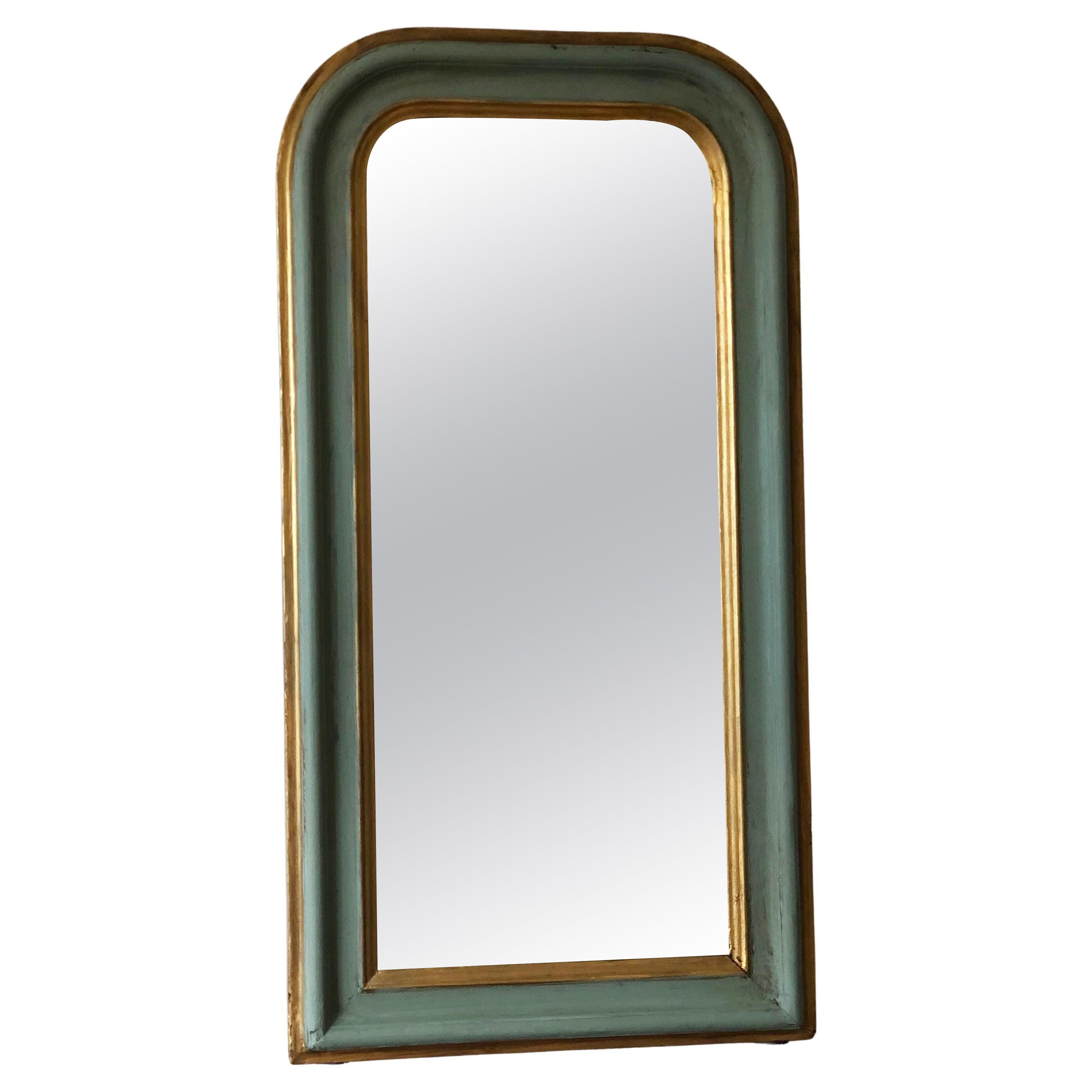 Antique Louis Philippe French Small Full length Mirror in Green and Gold, Late 1
