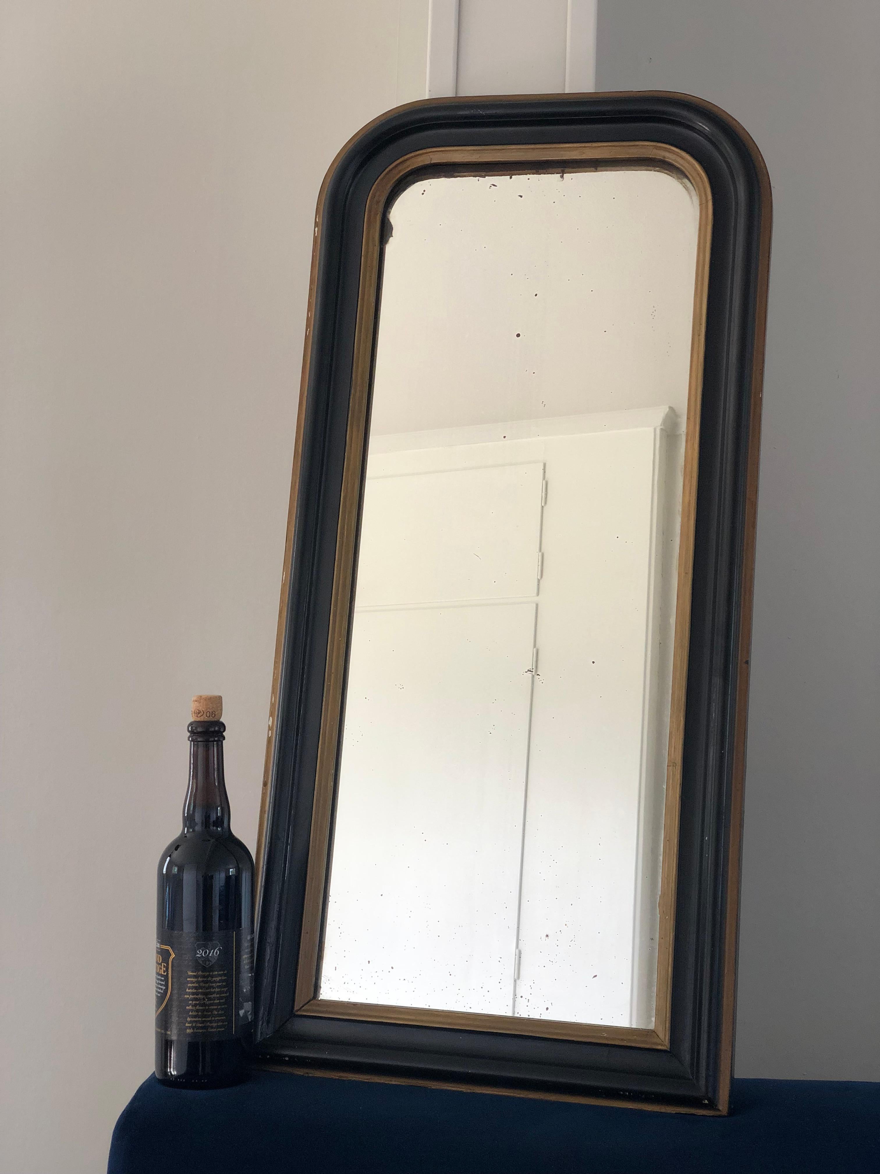 Gilt Antique Louis Philippe Full Length Mirror In Black and Gold France Late 19th Cen