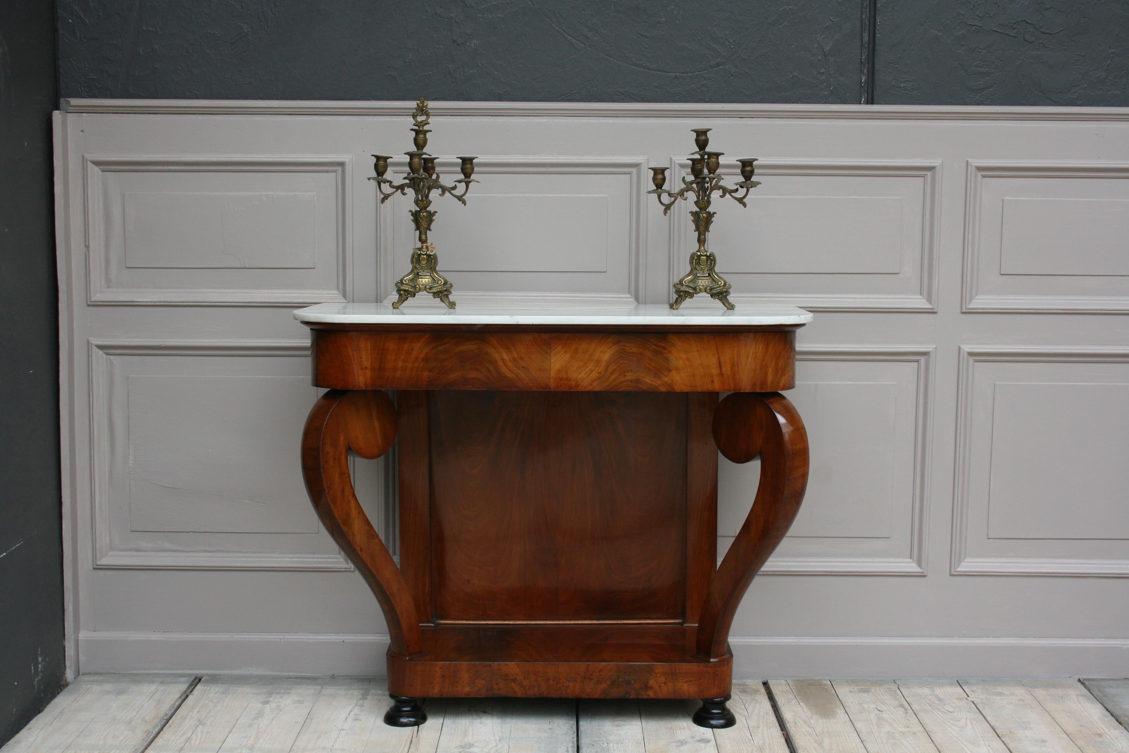 19th Century Antique Louis Philippe Mahogany and White Marble Console Table, Shellac Polished