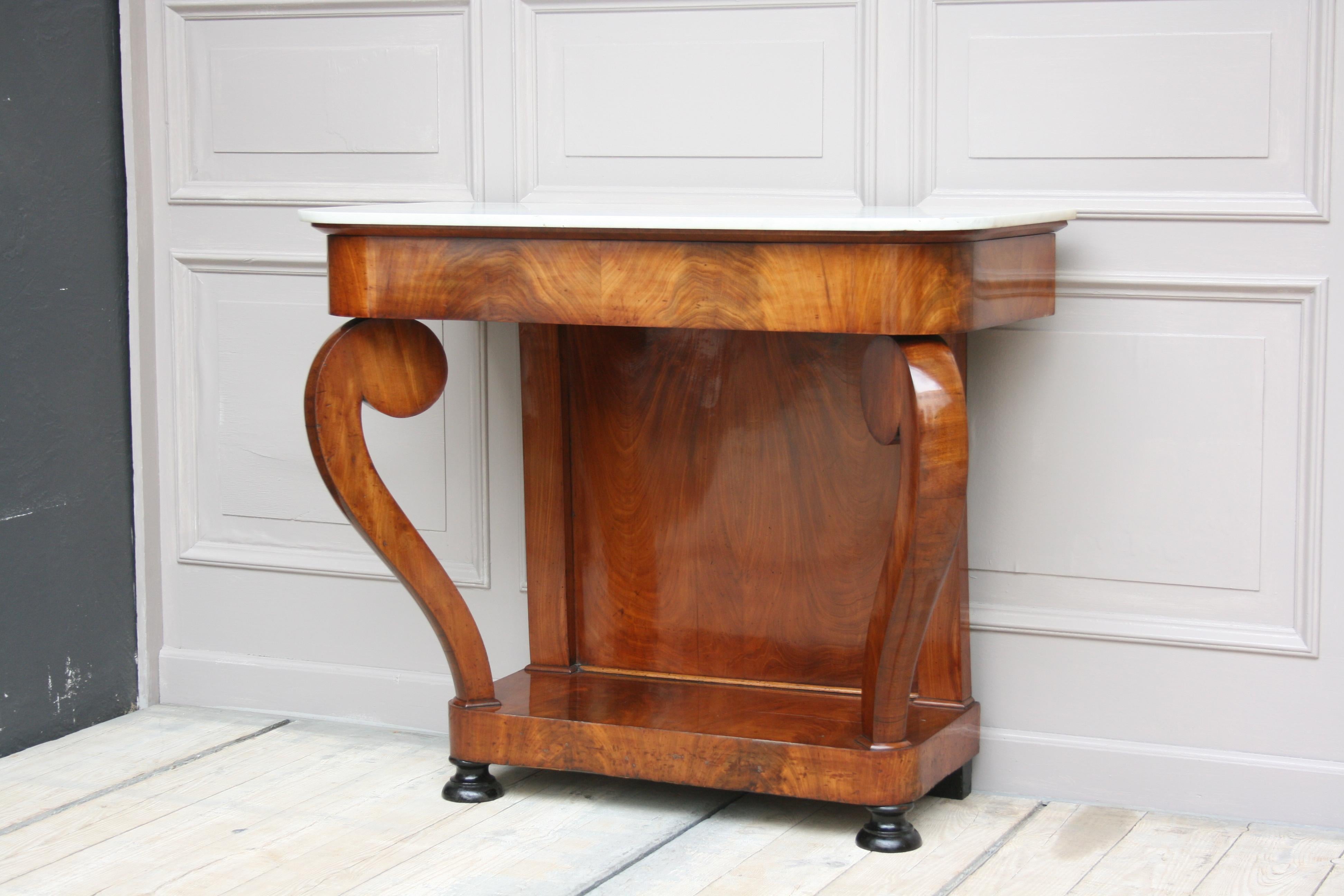French Antique Louis Philippe Mahogany and White Marble Console Table, Shellac Polished