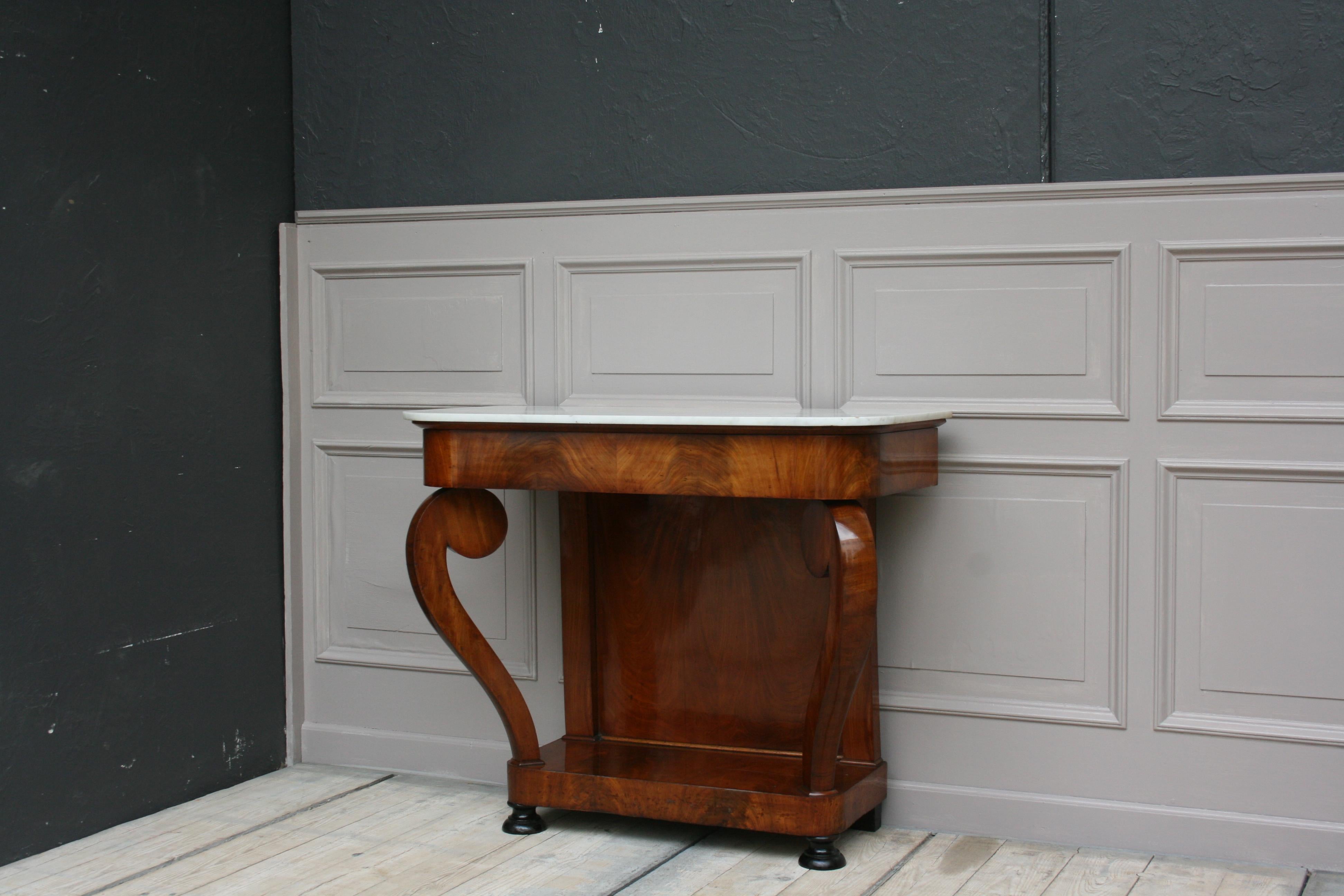 Veneer Antique Louis Philippe Mahogany and White Marble Console Table, Shellac Polished