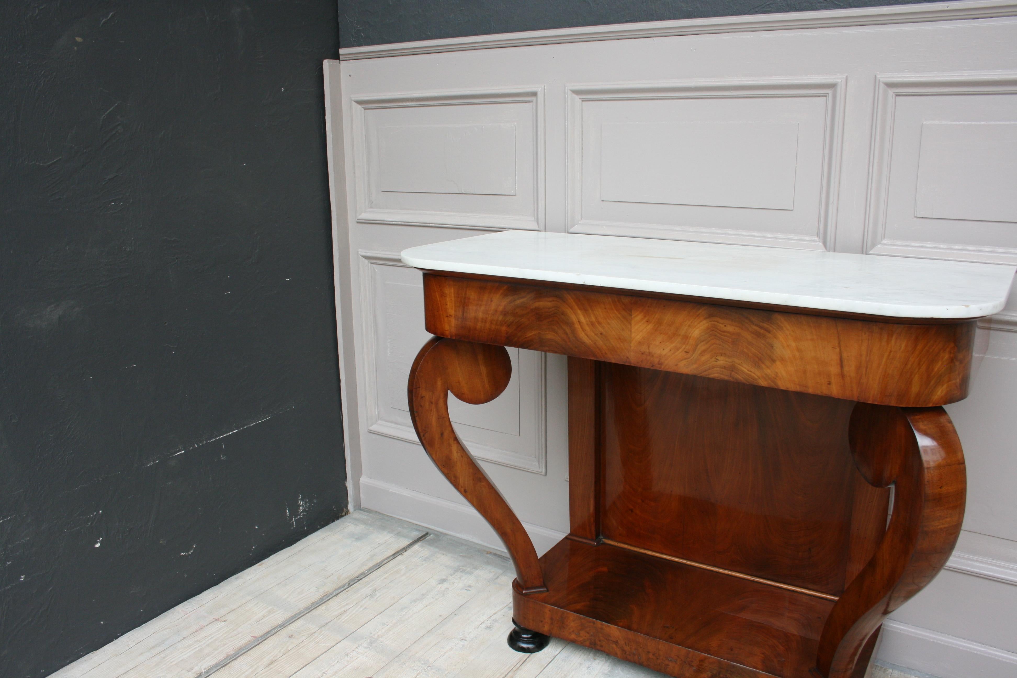 Antique Louis Philippe Mahogany and White Marble Console Table, Shellac Polished 4