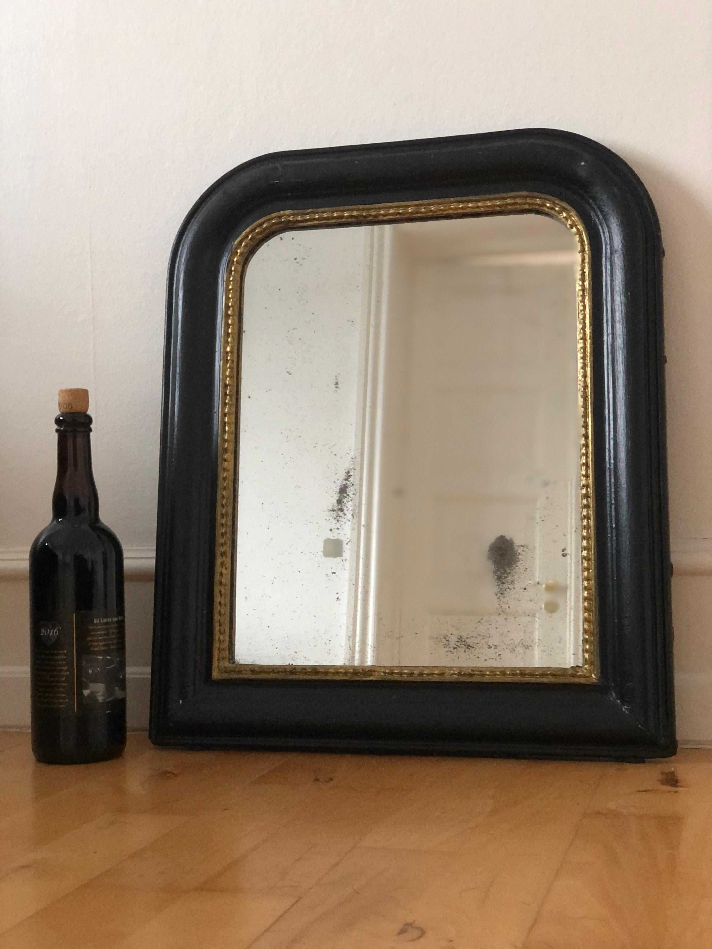 Wood Antique Louis Philippe French Mirror In Black and Gold Late 19th Century For Sale