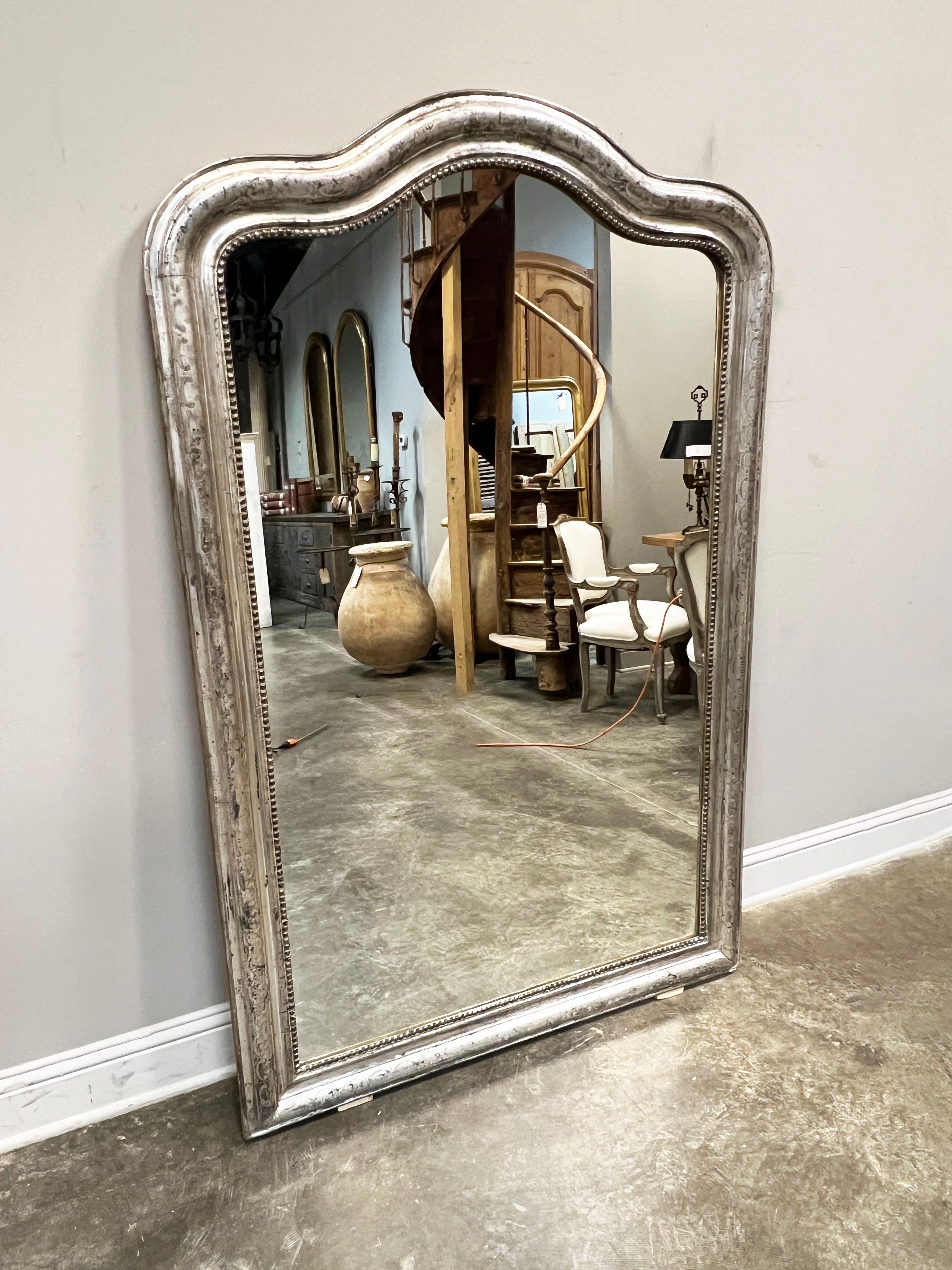 19th Century Antique Louis Philippe Mirror in Silver Gilt With Curved Top For Sale