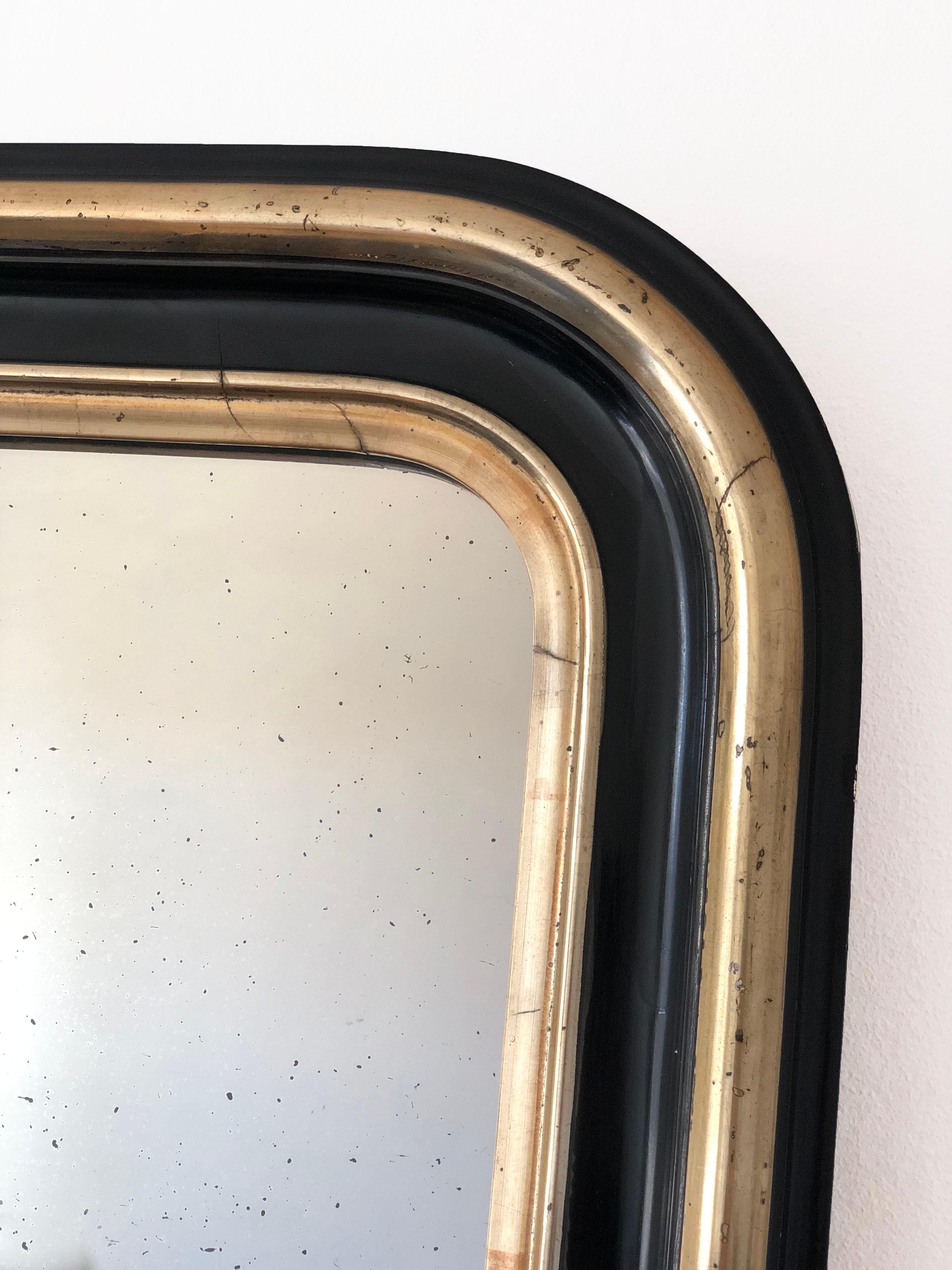 French Antique Louis Philippe Smal Full Length Mirror In Black and Gold France Late 19t